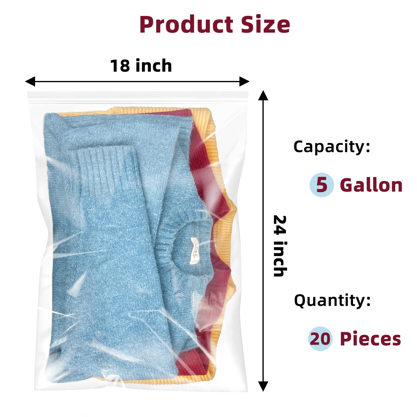Yotelab Large 5 Gallon Plastic Zipper Storage Bags, 18x24 Inches Clear Reclosable Storage Bags 20Pieces