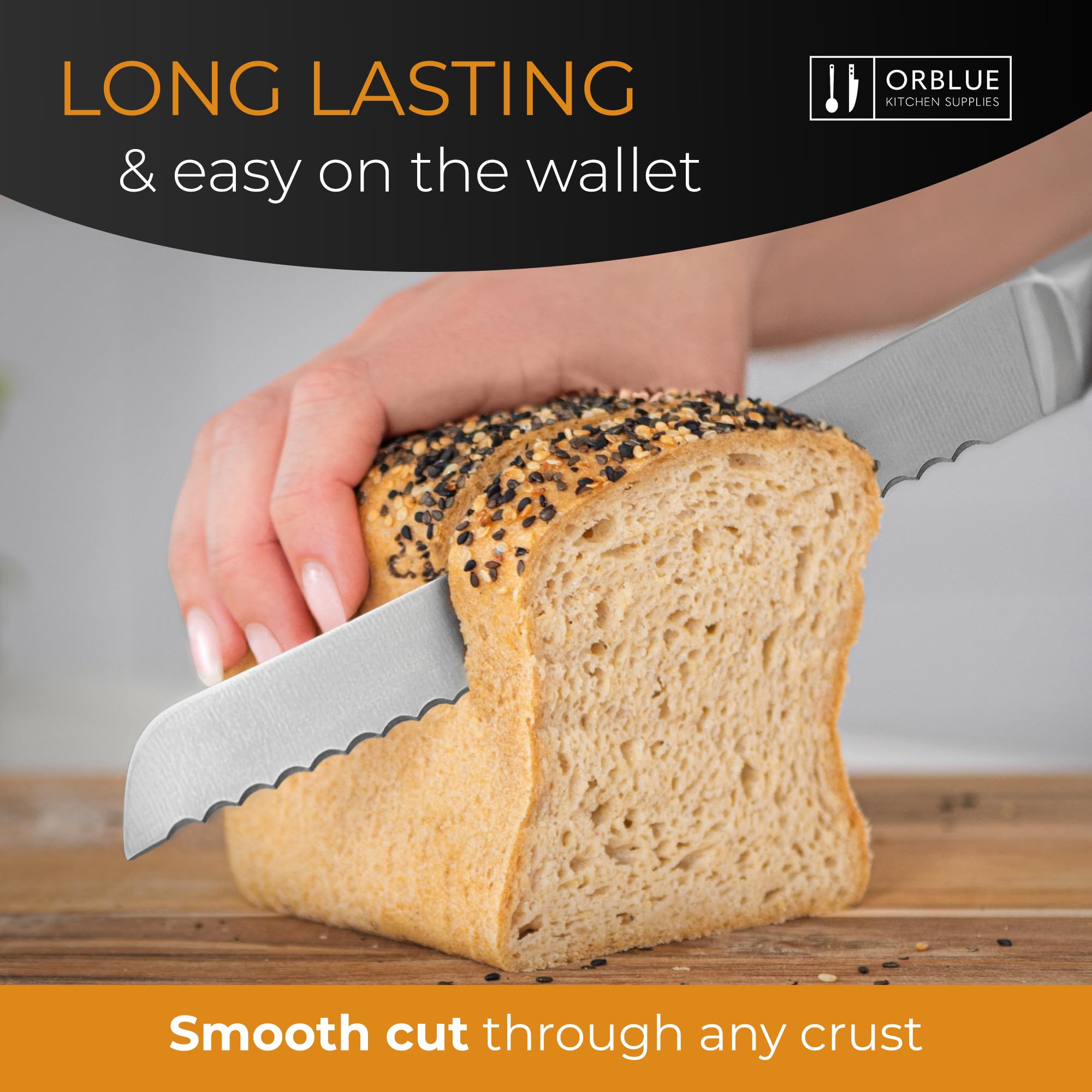 Orblue Serrated Bread Knife with Upgraded Stainless Steel Razor Sharp Wavy Edge Width - Bread Cutter Ideal for Slicing Homemade Bread, Bagels, Cake (8-Inch Blade with 5-Inch Handle)