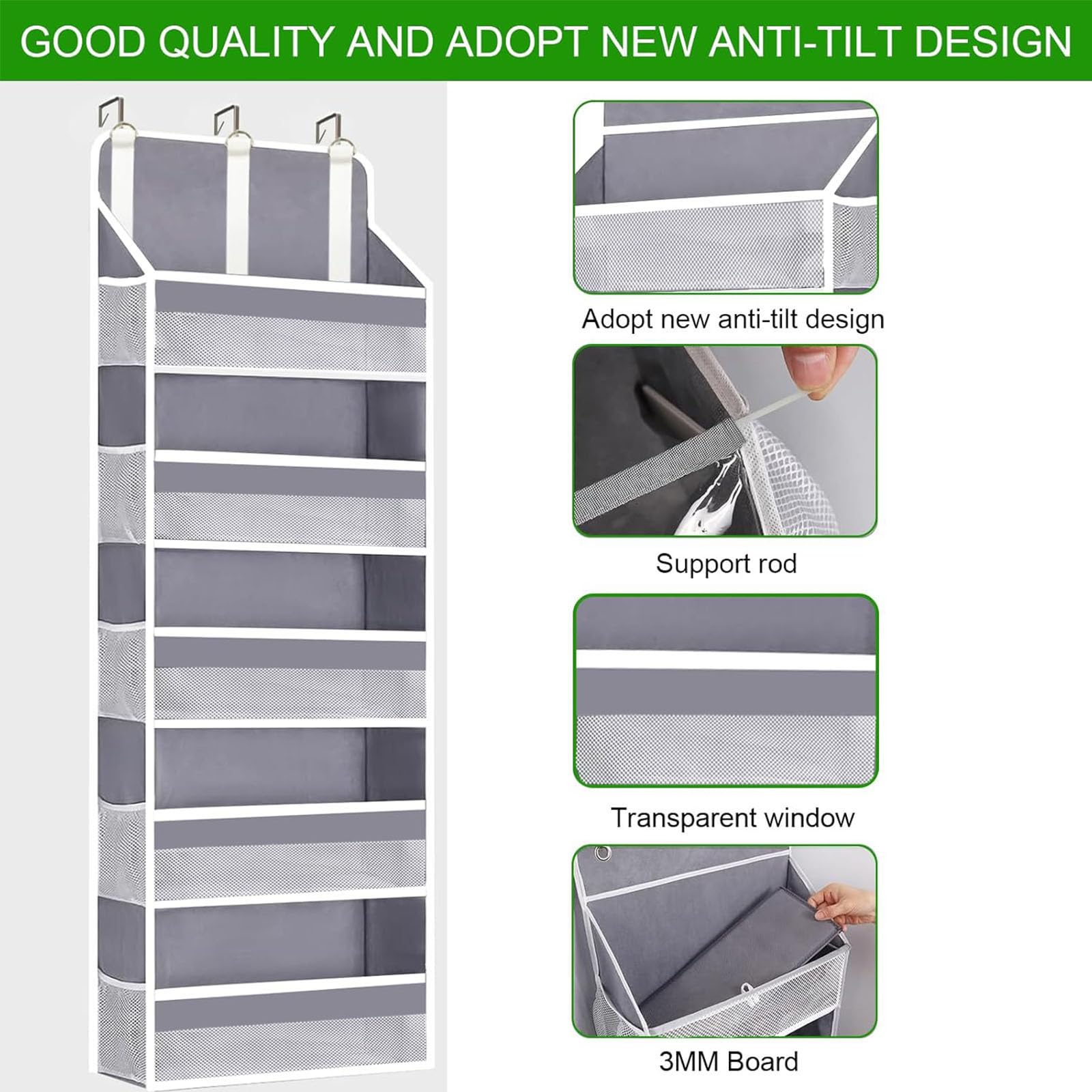 lazywoodpecker Over The Door Organizer Storage, Anti Tilt Hanging Door Organizer, with 5 Large Pockets 10 Mesh Side Pockets 44 lbs Weight Capacity, for Bathroom,Nursery (Grey, 5 Pockets)
