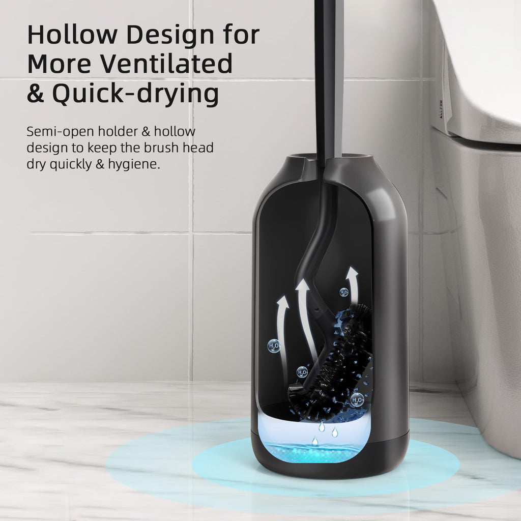 HAMITOR Toilet Brush and Holder Set: Curved Design Bathroom Toilet Bowl Cleaner Brush for Deep Cleaning Under Rim- Flexible Bristles Toilet Scrubber with Long Handle- Modern Travel RV Tools- Black