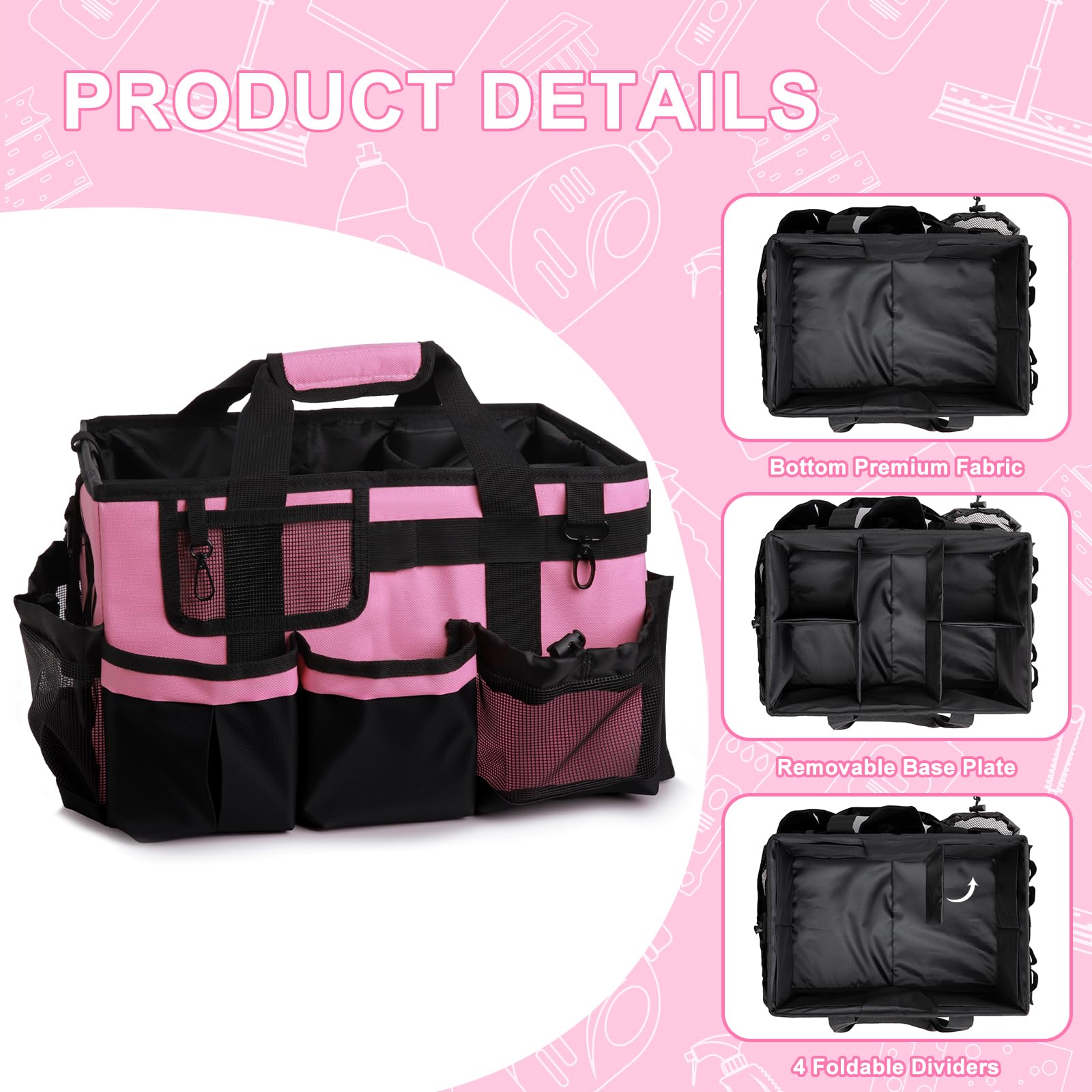 Large Cleaning Caddy Bag With 4 Foldable Dividers Cleaning Organizer with Detachable Divider Cleaning Supplies Organizer with Adjustable Shoulder Strap&Wais for Cleaners & Housekeeper(Black-pink)