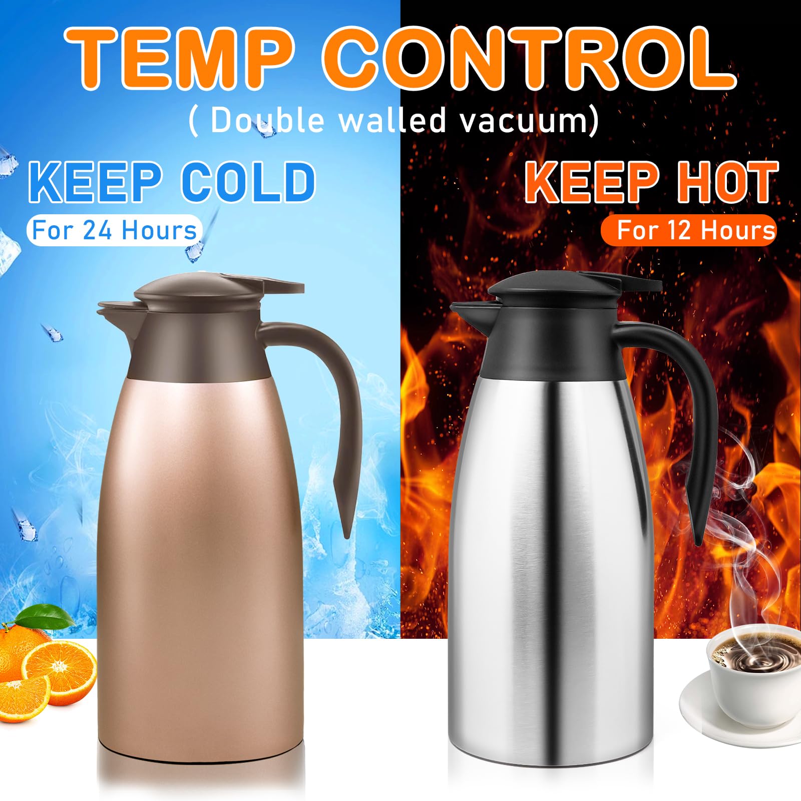 2 Pcs 68oz Stainless Steel Thermal Coffee Carafes, Double Walled Vacuum Carafe,Thermal Pot Flask for Coffee,Tea,Hot Water,Hot Beverage,12 Hours Hot, 24 Hours Cold (Silver, Rose Gold)