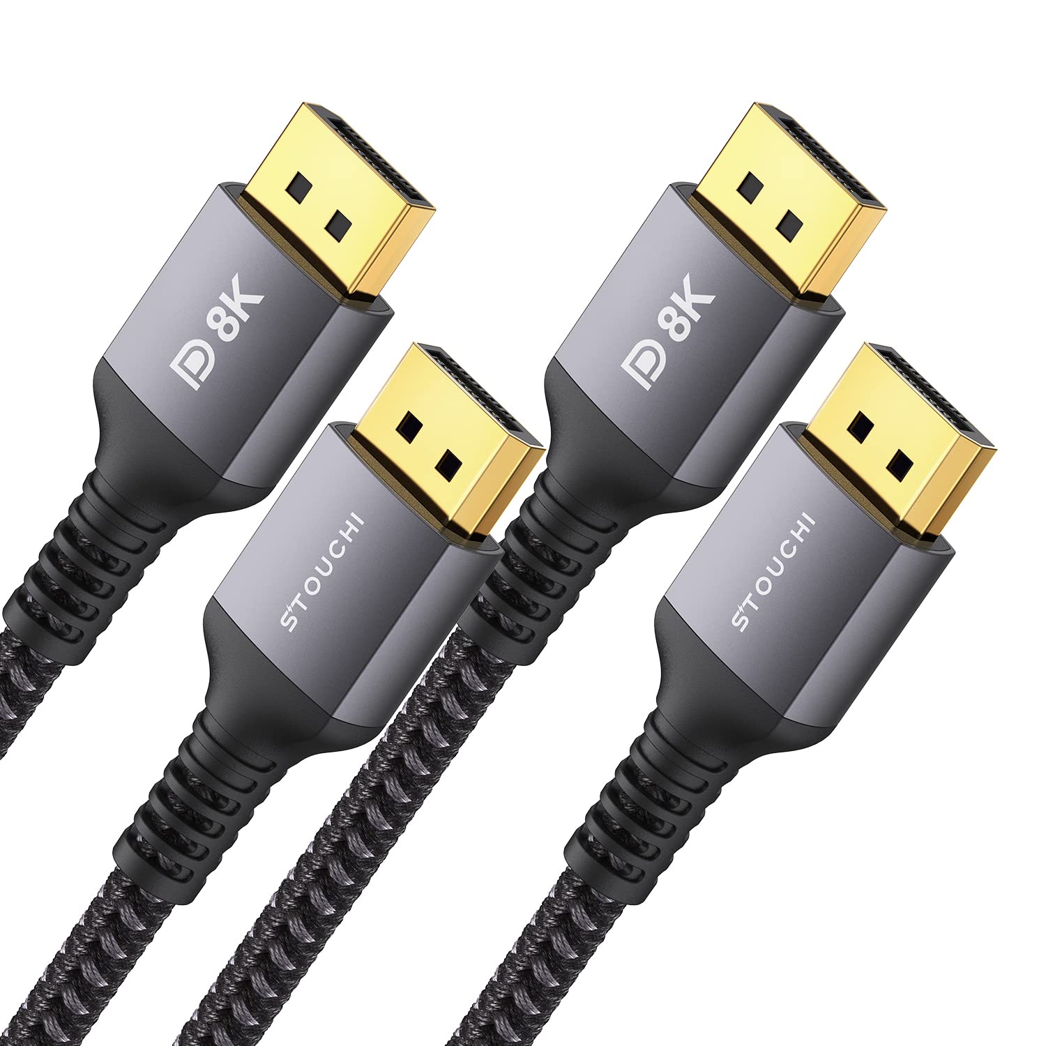 2Pack Stouchi Displayport 1.4 Cable 10FT/3M, 32.4Gbps [16K@30Hz, 8K@60Hz, 4K@120Hz, 1080P@240Hz] HDR, HDCP, DSC 1.2a, FreeSync G-Sync DP Cable for Gaming Monitor, RTX 5090, RX 9070, RTX 6000 Ada