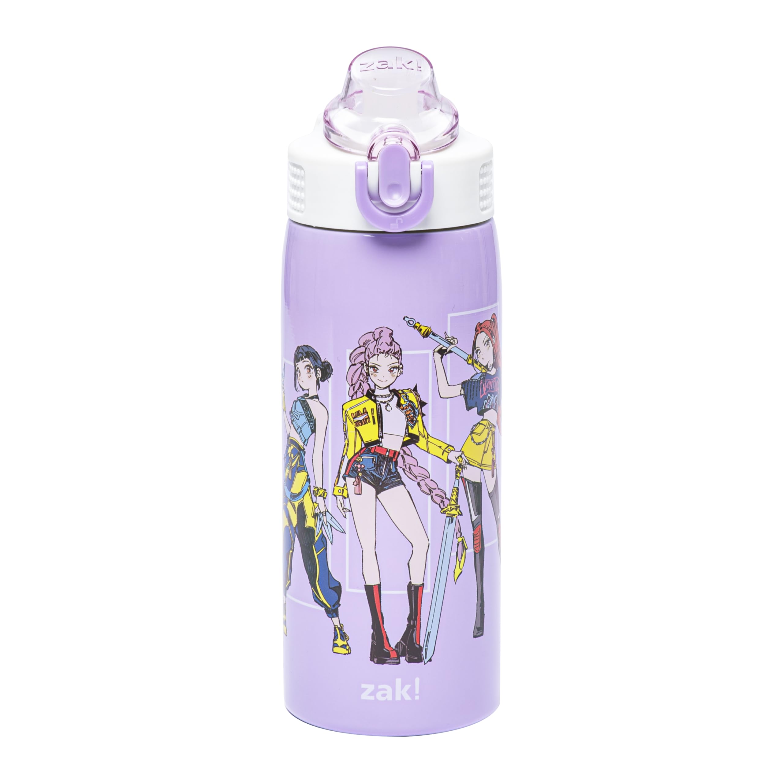 Zak Designs KPop Demon Hunters Sage Kids Water Bottle For School or Travel, 19oz Stainless Steel Water Bottle With Straw, Handle, and Leak-Proof, Pop-Up Spout Cover (Rumi, Mira, Zoey)