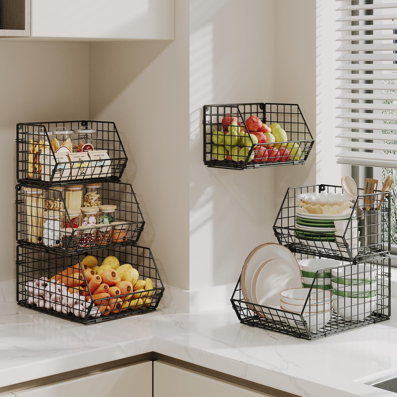 2-Tier Stackable Fruit Basket for Counter, Potato and Onion Storage Bin - Vegetable Basket for Kitchen, Wire Basket for Pantry Organizers- Metal Baskets for Snack Produce Can