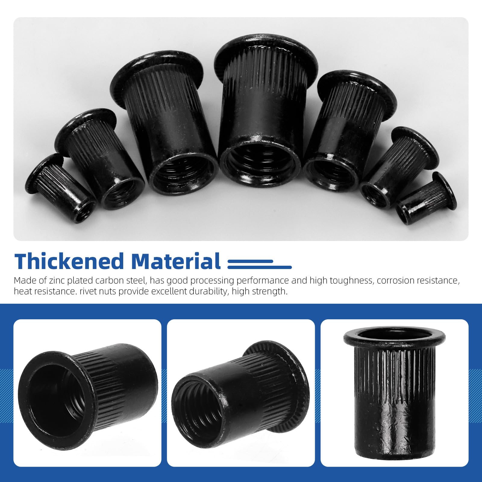 Glarks 320Pcs Metric Rivet Nuts Kit M3 M4 M5 M6 M8 M10 M12 Rivet Nuts Black Zinc Plated Carbon Steel Flat Head Rivnut Threaded Insert Rivet Nuts Assortment Set