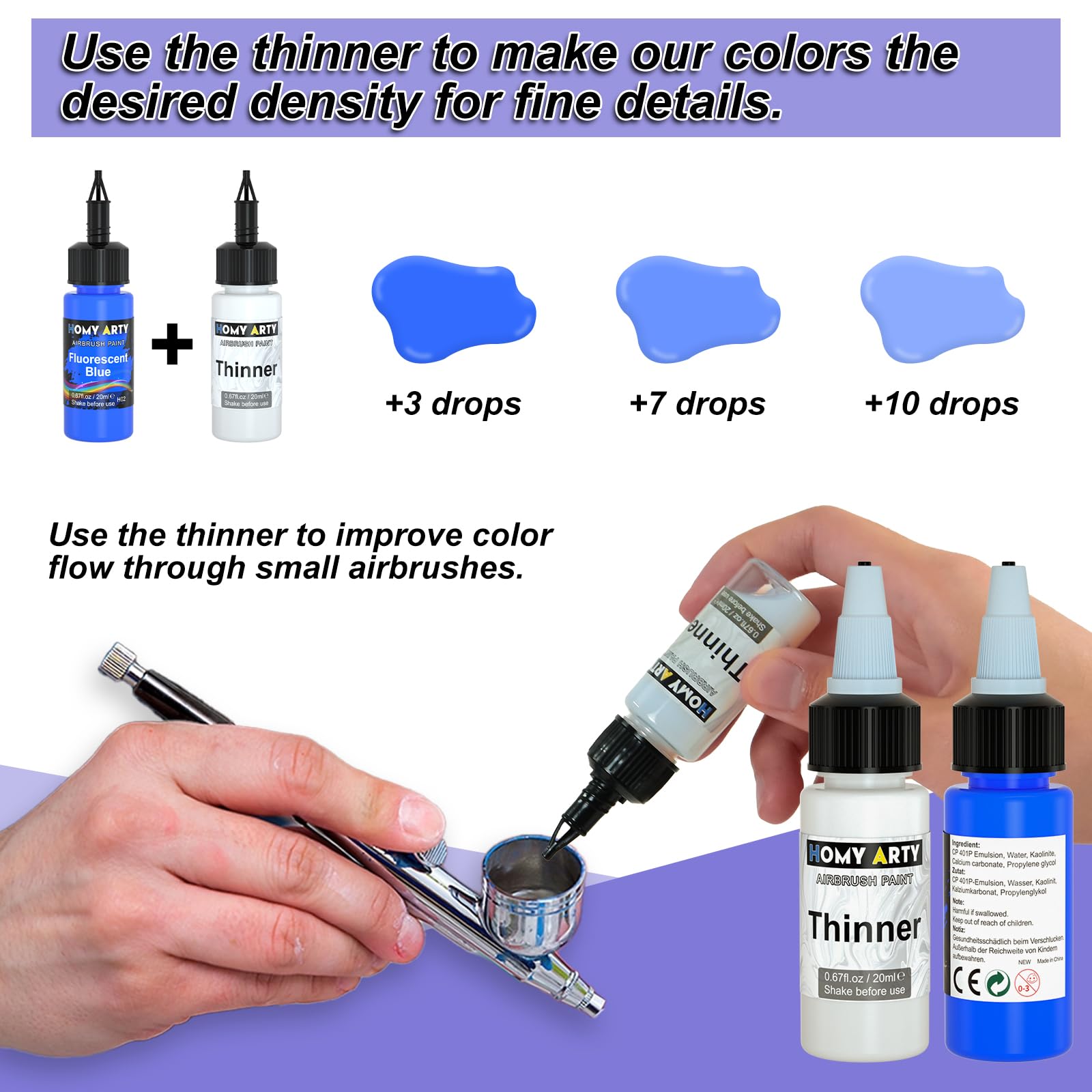 HOMY ARTY Airbrush Paint - 30 Colors with 3 Thinner, Ready to Spray Airbrush Paint Set, Water-Based Acrylic Airbrush Paints for Metal, Plastic Models, Canvas, Wood, 20ml/Bottle