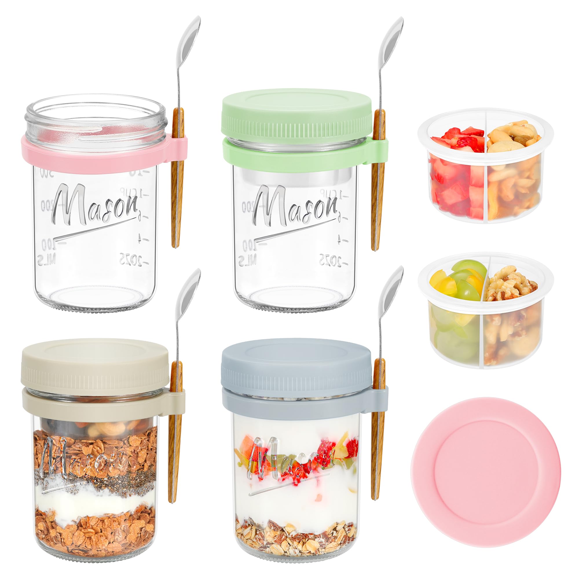 Xyptorix 4 Pack Overnight Oats Containers with Lids and Spoons, 16 oz Mason Jars with Removable Separate Compartments, Airtight and Leak-Proof Glass Jars for Chia Pudding, Yogurt, and Oatmeal