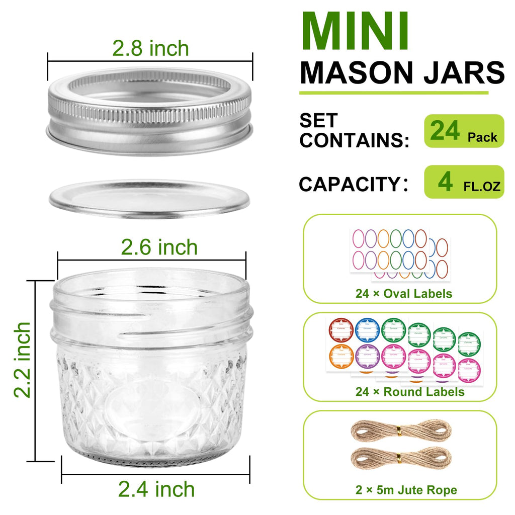 GUANENA 24 Pack 4 oz Mason Jars, Small Canning Jars with Regular Lids and Bands, Mini Glass Jars for Jam, Jelly, Honey, Spice, Wedding Favors, DIY Projects