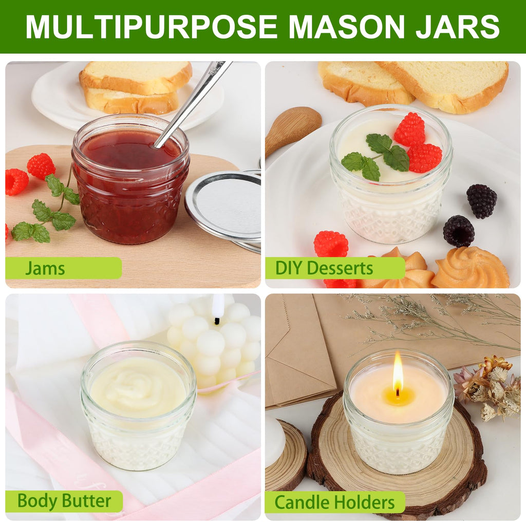 GUANENA 24 Pack 4 oz Mason Jars, Small Canning Jars with Regular Lids and Bands, Mini Glass Jars for Jam, Jelly, Honey, Spice, Wedding Favors, DIY Projects