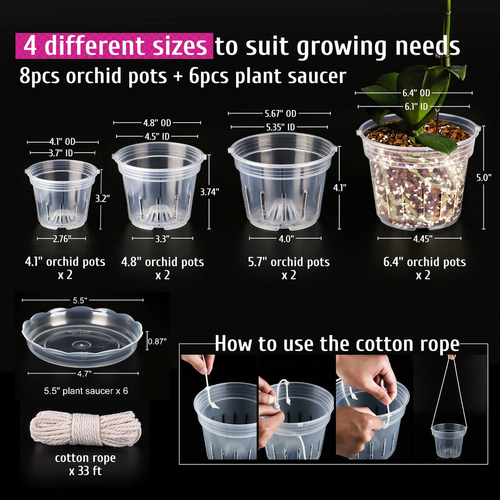Fabulas Orchid Pot, 8 Clear Orchid Pots with Holes and 6 Saucers, 2 Each of 4.1, 4.8, 5.7 and 6.4 Inch Orchid Pots for Repotting, Plastic Orchid Planter Breathable Slotted Flower Plant Nursery Pot
