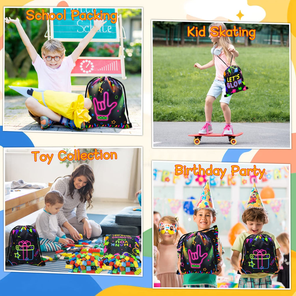 12 Pcs Neon Drawstring Gift Bags Glow Backpacks Goodie Bags Glow Party Supplies Favor Bags for Birthday Party Let’s Glow Party Decorations Glow in The Dark Party Supplies