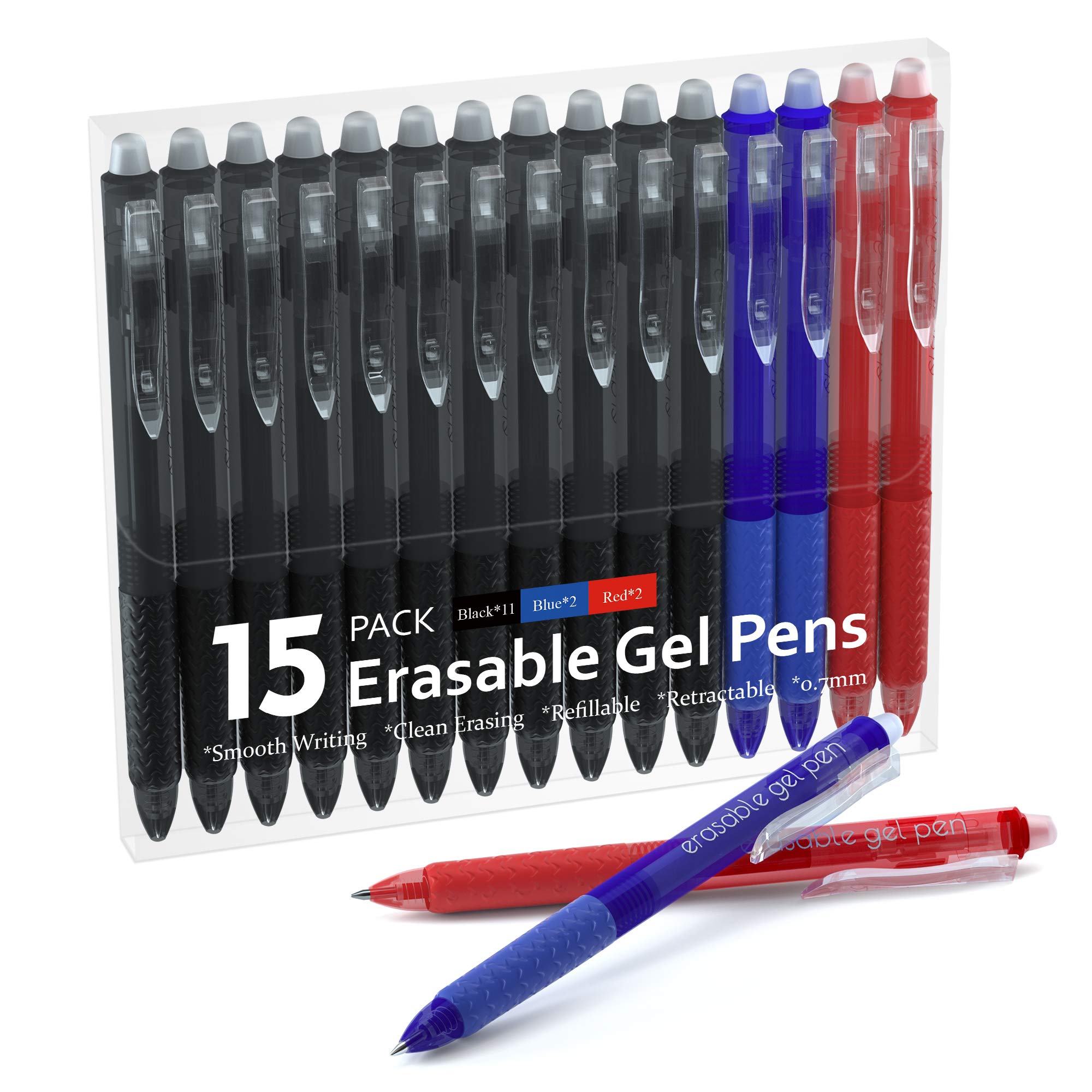 Erasable Gel Pens, 15 Pack Retractable Erasable Pens Clicker, Fine Point, Make Mistakes Disappear, 11 Black 2 Blue 2 Red Inks for Writing Planner and Crossword Puzzles