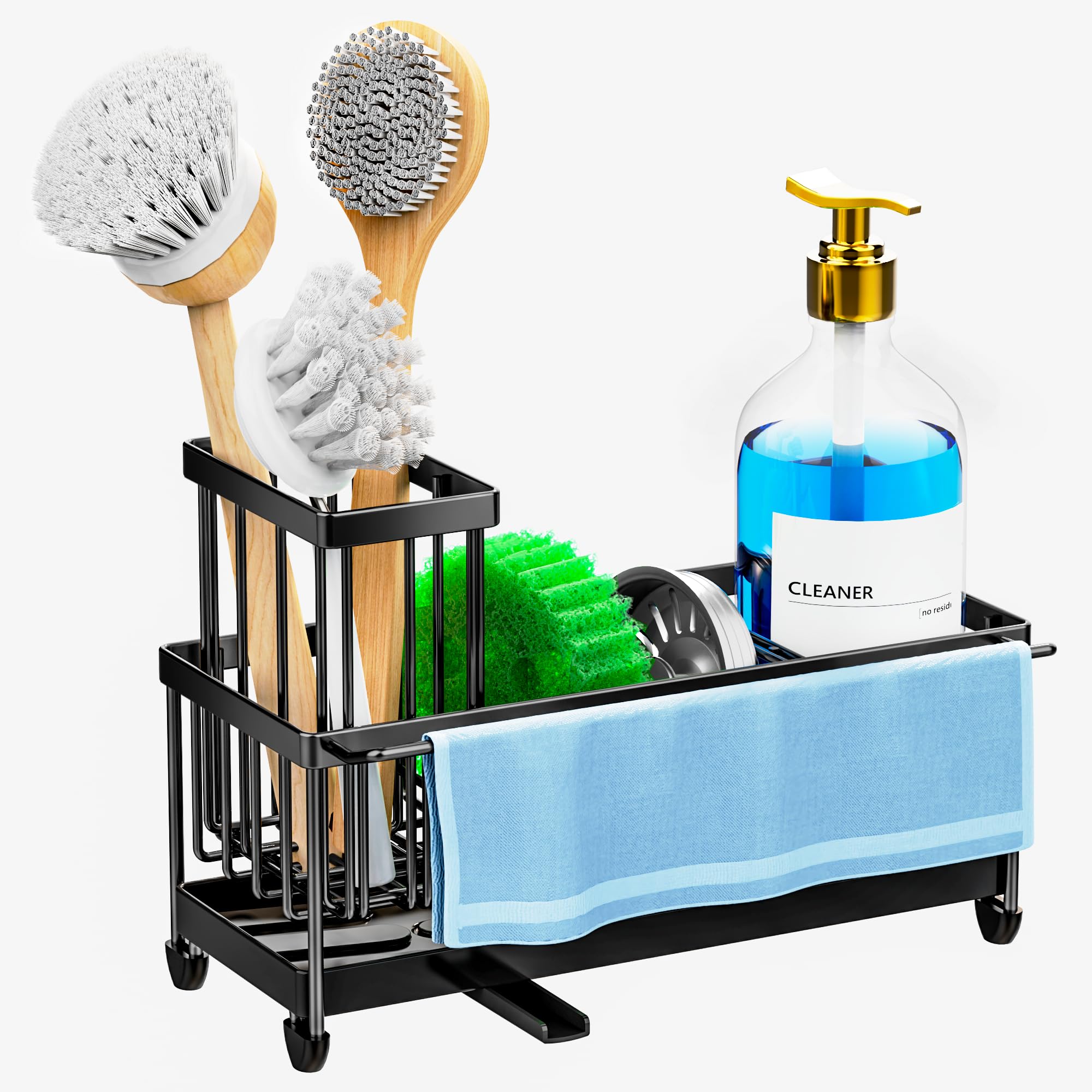 Cisily Sponge Holder for Kitchen Sink, Sink Caddy with High Brush Holder, Organzier Rustproof 304 Stainless Steel Dish Organizer Divider, Soap Dispenser Storage (Black with Towel Rack)