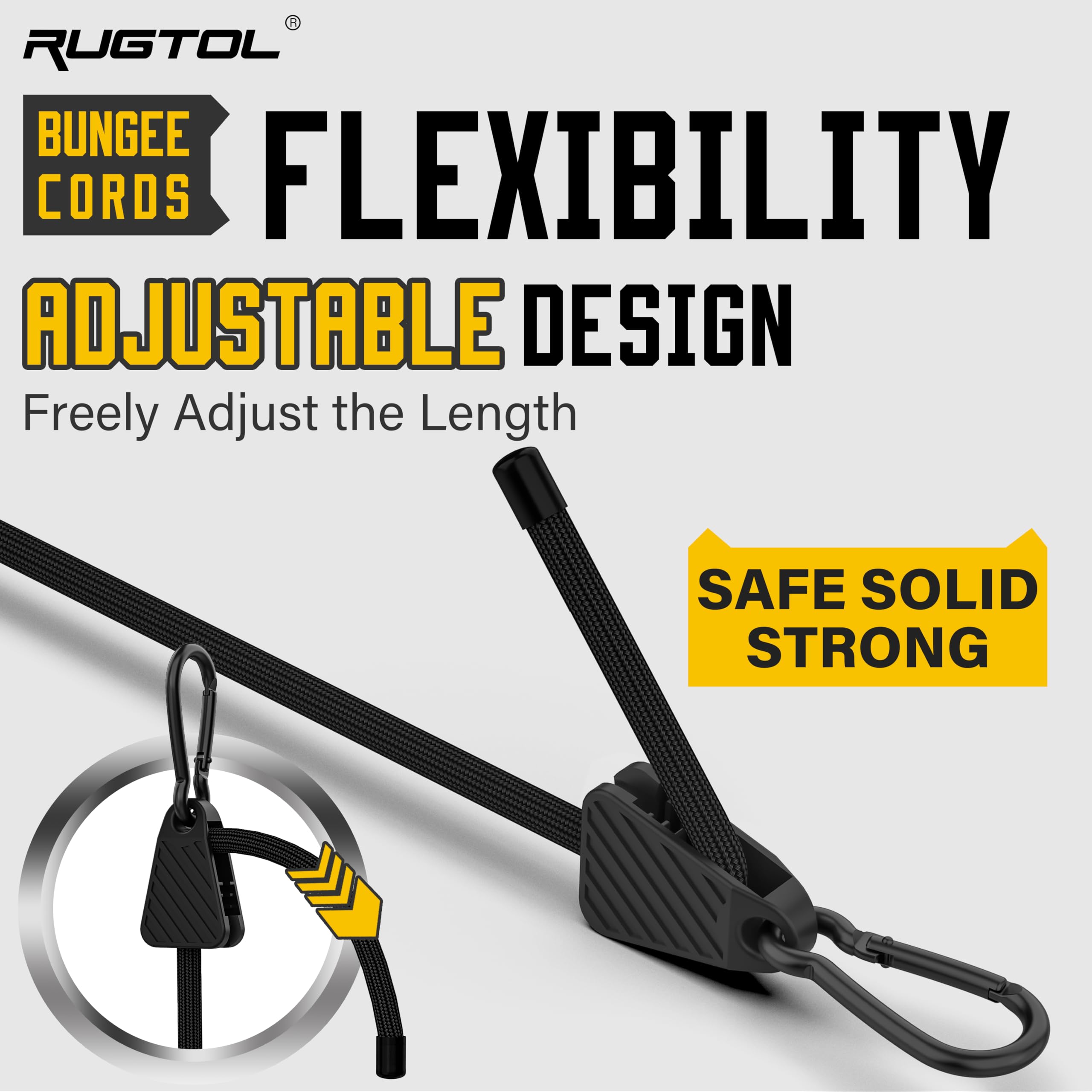 Rugtol Adjustable Bungee Cords with Hooks, 6 Pack Heavy Duty Outdoor Carabiner Bungee Cord, Black Super Elastic Bungee Straps Easily Adjust from 7" to 48", Great for Cargo, Camping, Bike Racks, Tents