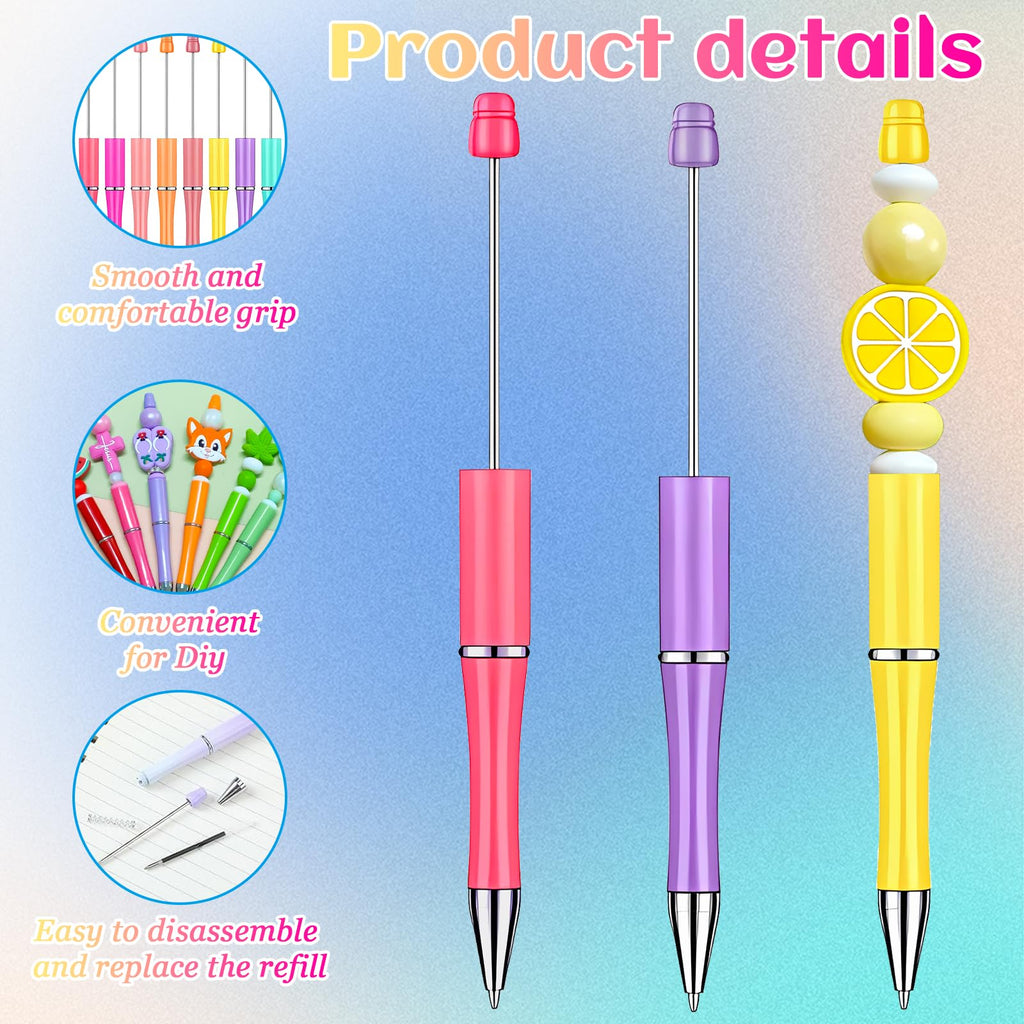 150 Pcs Beadable Pens Bulk Set: 50 Plastic Beaded Pens with 50 Replacement Refills & 50 Gift Bags, 1.0mm Refillable Black Ink DIY Pen Kit for Teachers, Students, Craft Gifts