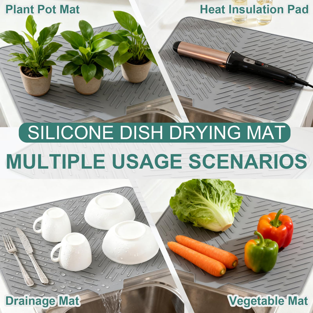 SCYFREID Silicone Dish Drying Mat 23x17 Multiple Usage,Easy clean,Eco-friendly,Heat-resistant Silicone Mat Dish Drying Mats For Kitchen Counter or Sink,Refrigerator or Drawer liner Gray 23inchx17inch