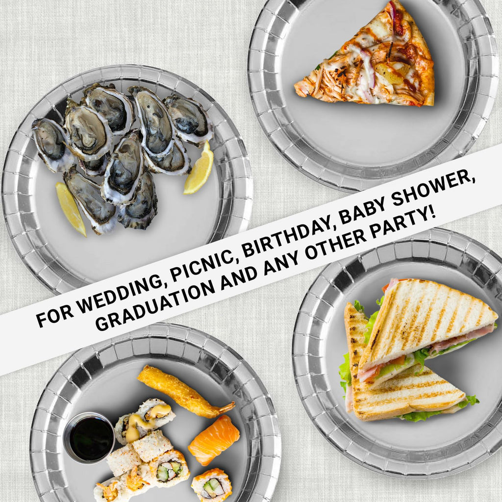 50-Pack 7" Metallic Silver Paper Plates - Practical for Desserts & Party Needs