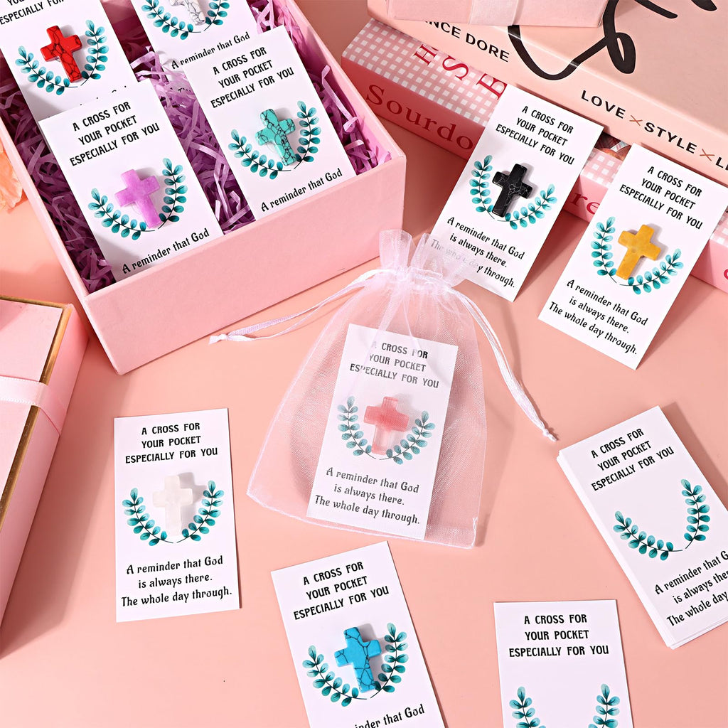 PIAOPIAONIU 30 Sets Pocket Hug Token Bulk Inspirational Hug Greeting Cards Cross Crystal Stones Organza Bags Healing Charms Gifts for Family Friend Colleagues Christians Easter Thanksgiving