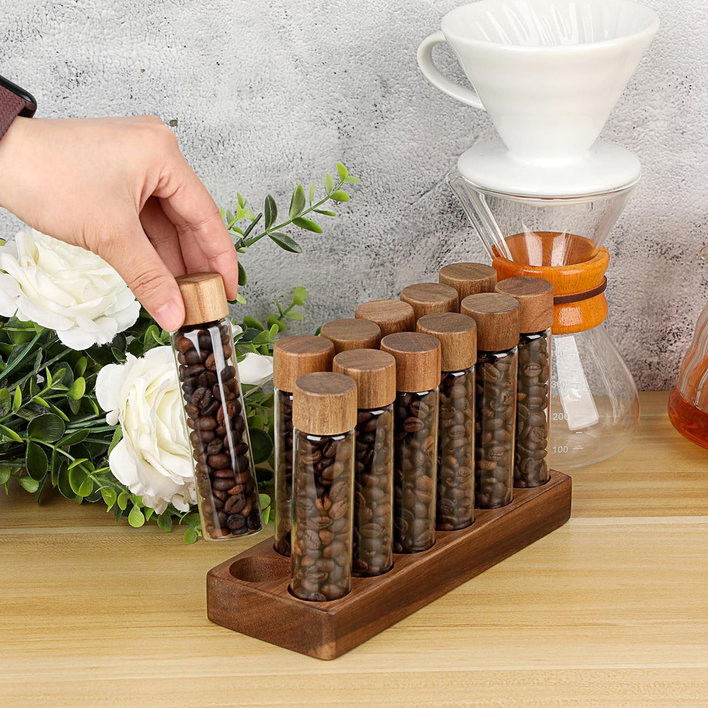 JuxYes Single Dose Coffee Bean Storage Tubes, 12pcs Coffee Bean Cellars with Lid, 2 oz Glass Espresso Bean Container with Wooden Holder Stand, Sealed Dosing Glass Vials for Tea, Candies, Spices