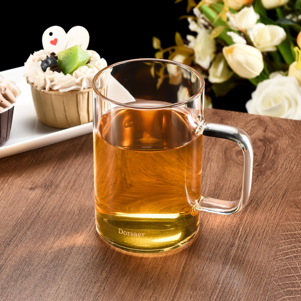 Dorsaer 480ml Glass Mug Sets(2 Pack), 16oz Flat Bottom Glass Coffee Mugs, Heat-Resistant, Large Clear Glass Cup with Handle for Beverages, Tea, Cappuccino, Latte, Espresso, Juice...
