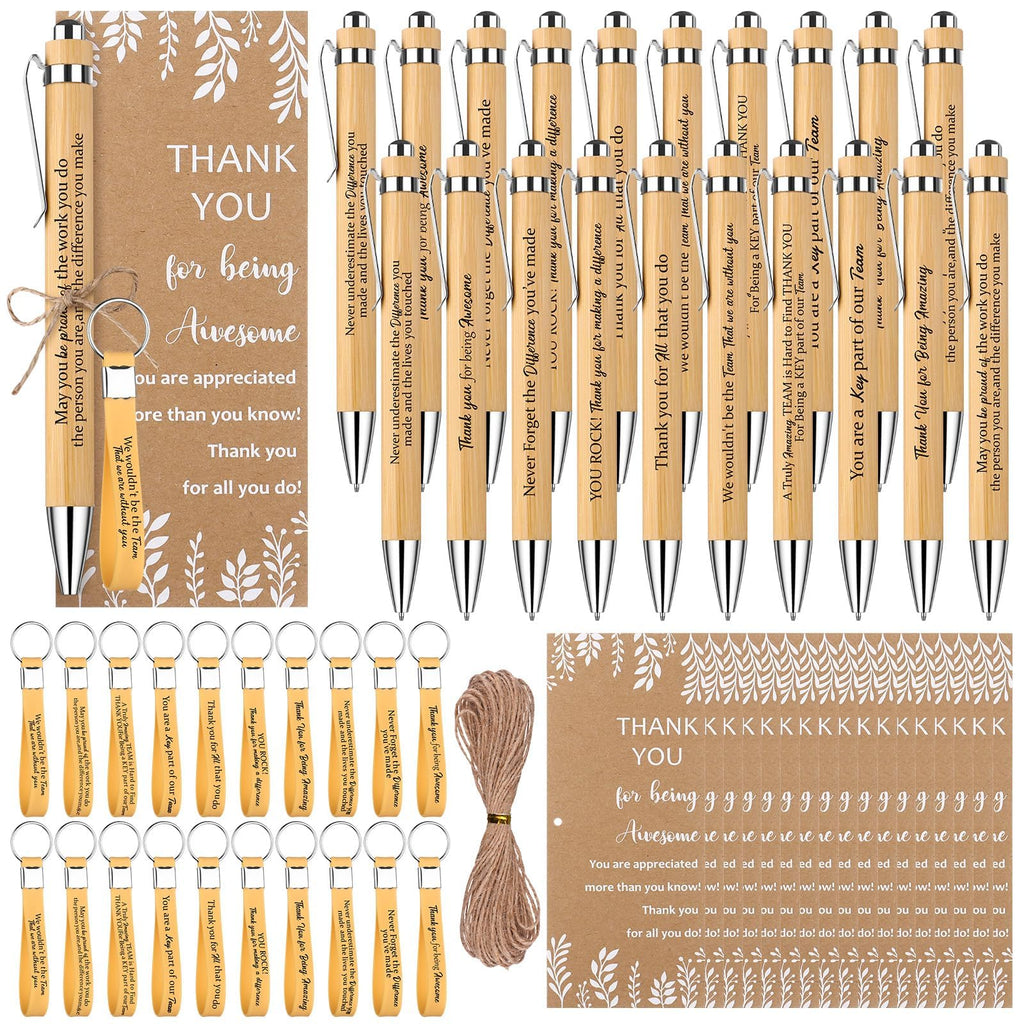 60 Pcs Employee Appreciation Gifts Inspirational Bamboo Ballpoint Pens Bulk Thank you Quotes Cards Silicone Keychain with Twine for Colleagues Teacher Team Volunteer Supplies (Wood Color)