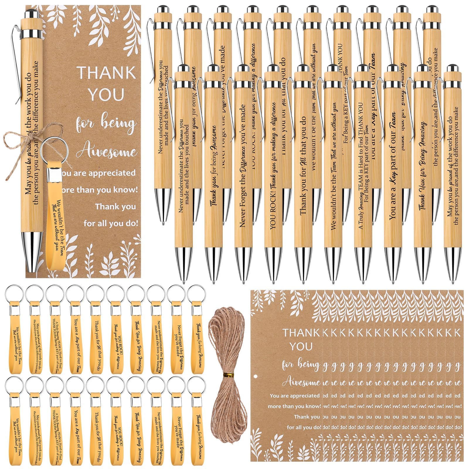 60 Pcs Employee Appreciation Gifts Inspirational Bamboo Ballpoint Pens Bulk Thank you Quotes Cards Silicone Keychain with Twine for Colleagues Teacher Team Volunteer Supplies (Wood Color)