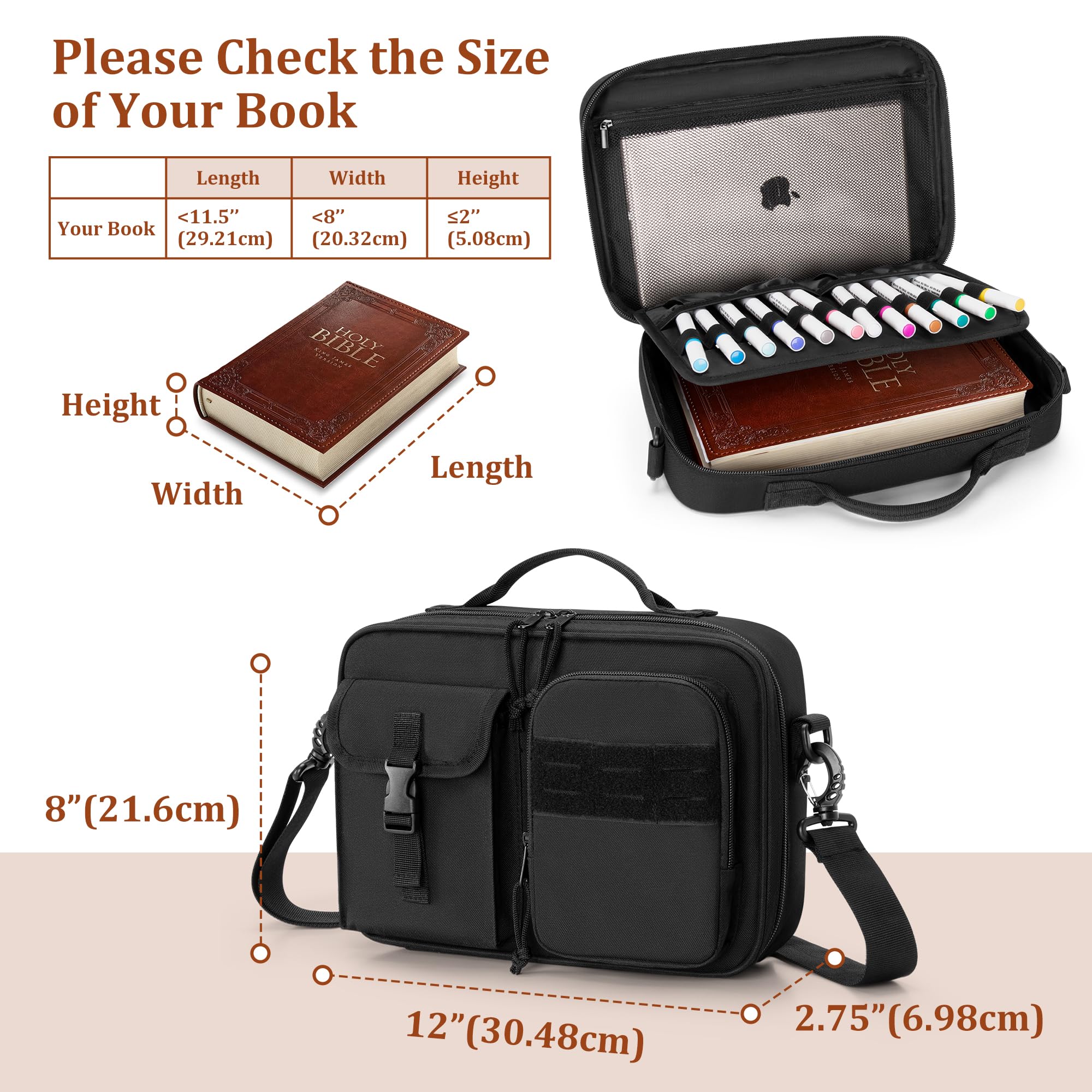 Damero Bible Cover for Men Women, Bible Carrying Case Church Bag with Pockets and Shoulder Strap, Black (Patent Pending)