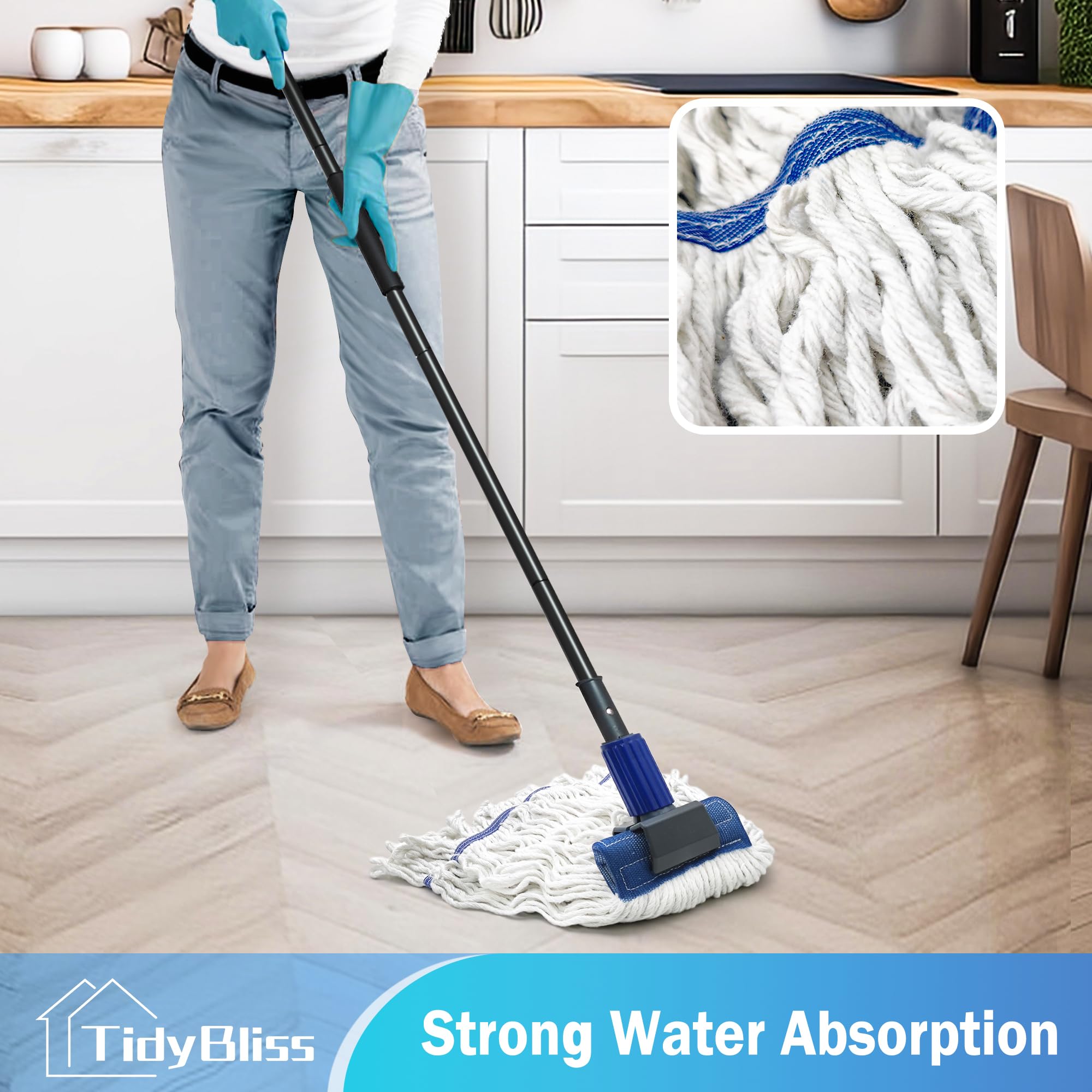 TidyBliss Commercial Mop Heavy Duty, 57.5 inches Long Handle Large Looped-End Industrial String Mop Professional Dry Wet Cotton for Cleaning Concrete Tile Hardwood Floor Shop Office Garage