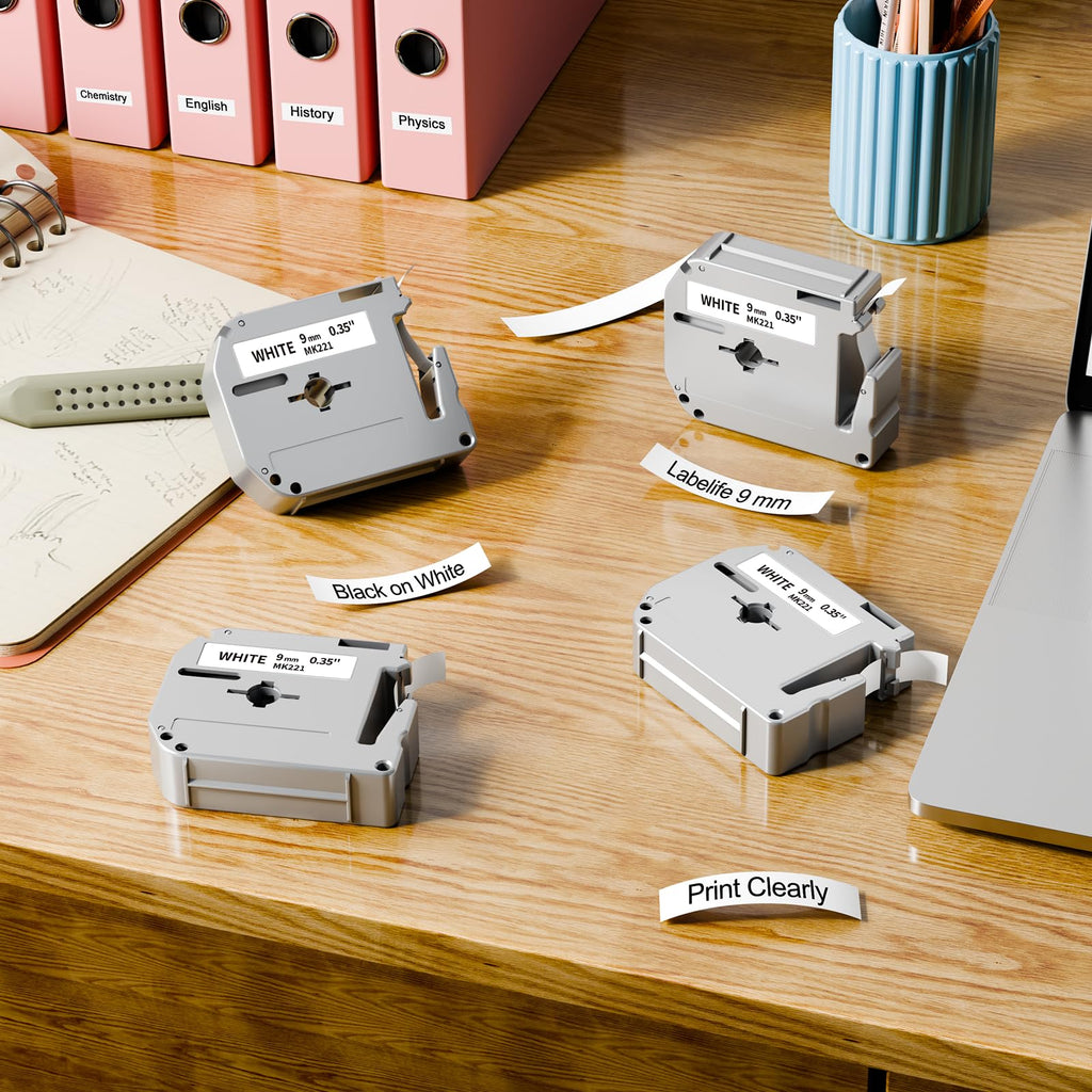 MK221 M-K221 PT-M95 Label Maker Tape 9mm Replace for Brother M Tape 9mm 3/8 0.35 White MK 221 Label Tape for Brother P Touch PT-90 PT-65 PT-M95 PT-70BM PT-45 PT-80, Black on White, 4 Pack