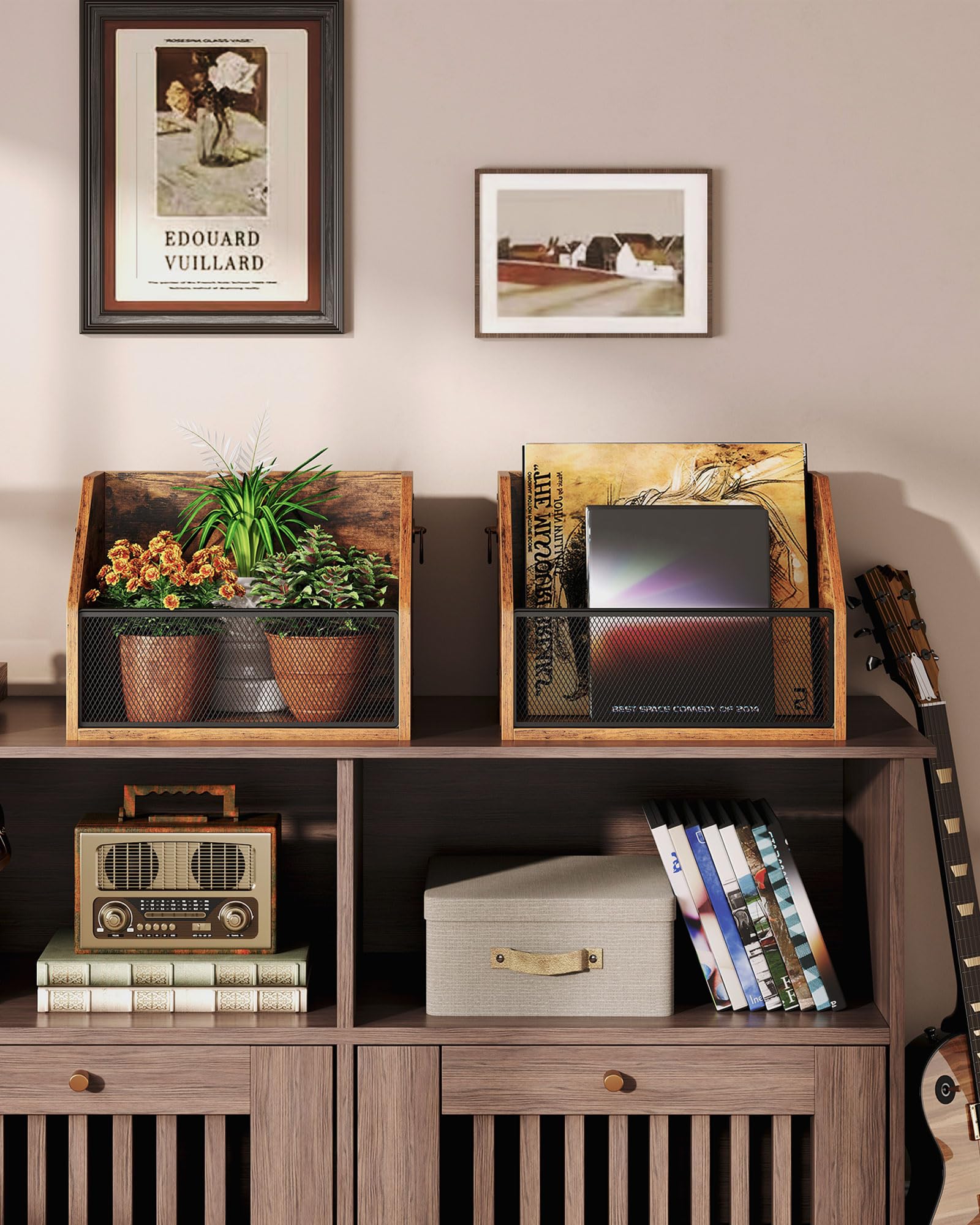 CHOEZON Vinyl Record Storage Wall Mount, Vintage Record Display Holder, Vinyl Album Crate, LP Display Shelf, Metal Mesh Front and Pull Rings for LP, Photo Albums, Files, Rustic Brown MCW28BF