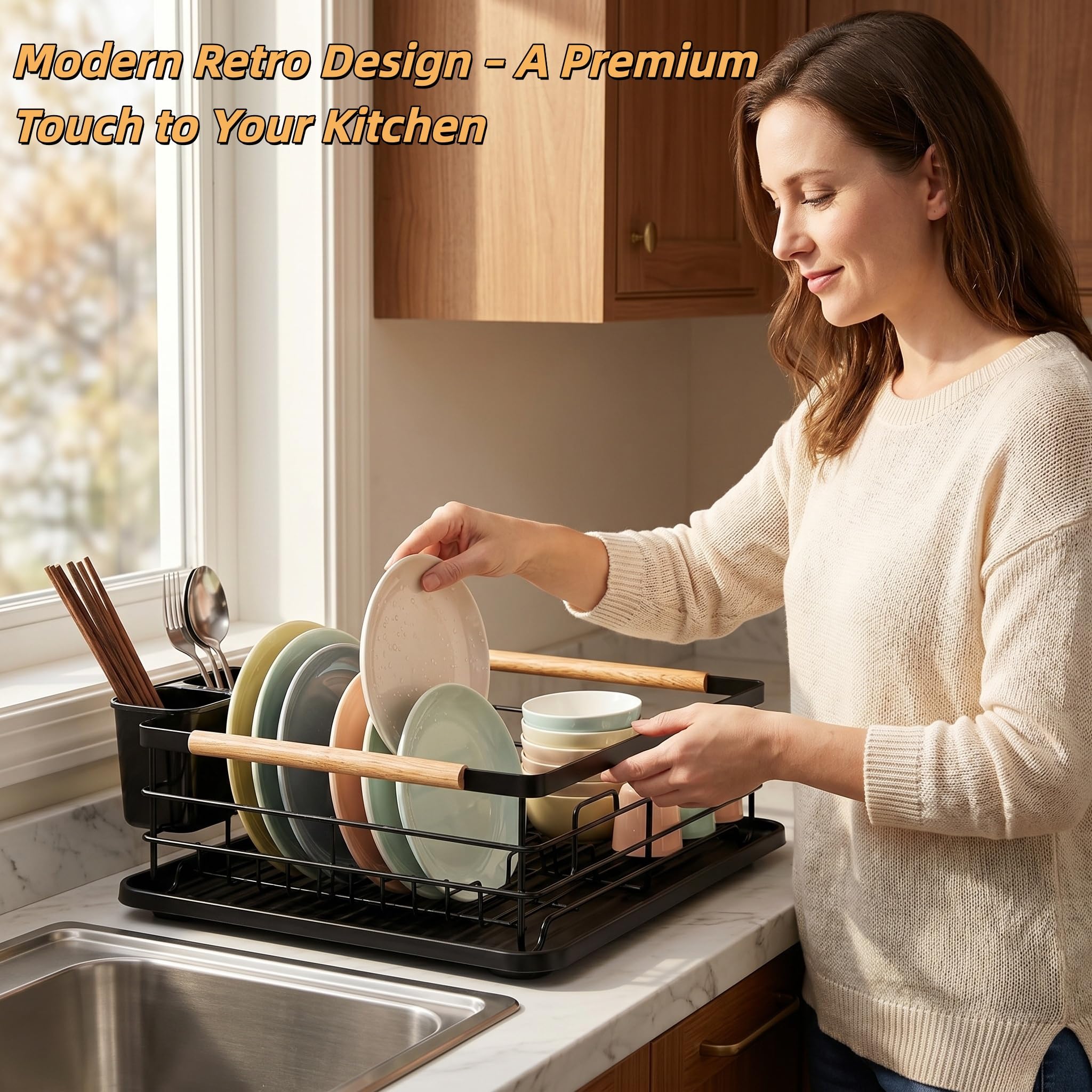 Fvellix Dish Racks for Kitchen Counter, Thickened Metal Dish Drying Rack with Wooden Handles, Kitchen Countertop Organizer for Dishes, Spoons and Forks, No Assembly, Black, 16.7''*12.6''*5.12''