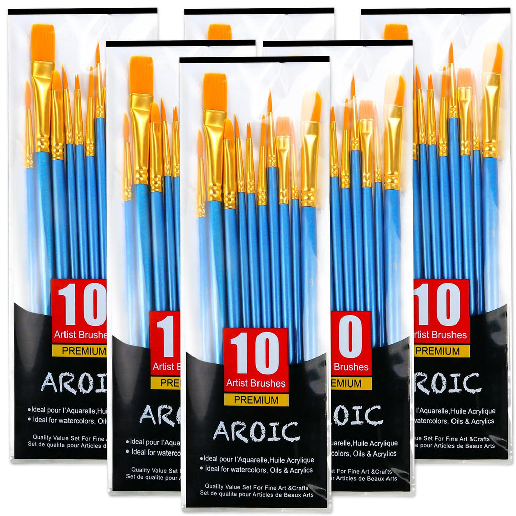AROIC Acrylic Paint Brush Set, 6 Packs / 60 pcs Nylon Hair Brushes for All Purpose Oil Watercolor Painting Artist Professional Kits, Bulk Paint Brushes for Art Supplies