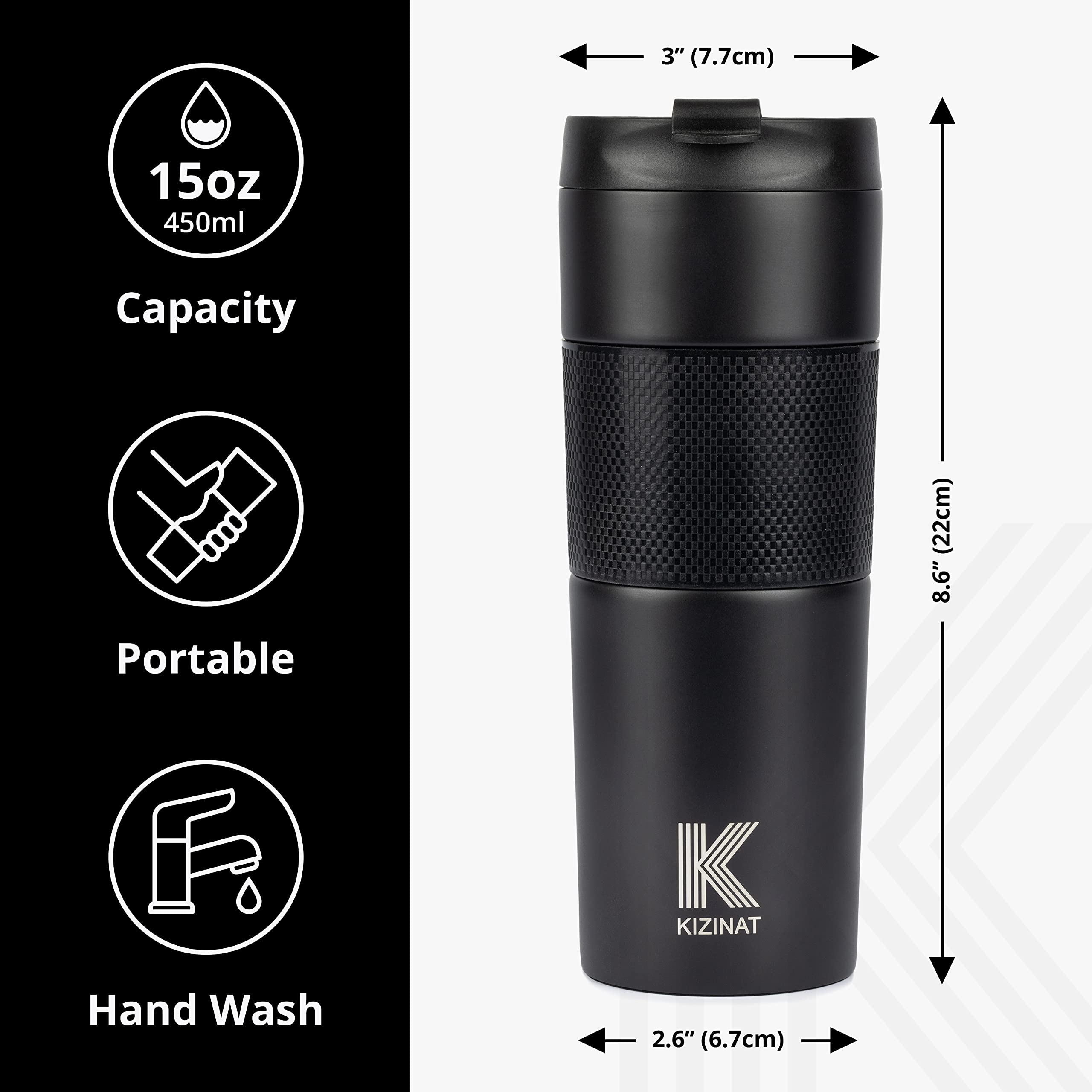 French Press Coffee Travel Mug - Portable Coffee Maker - French Press - Perfect for Tea and Coffee - Hot and Cold Coffee Press Brewer Thermoses Cup - Black - 450ml 15oz Stainless Steel