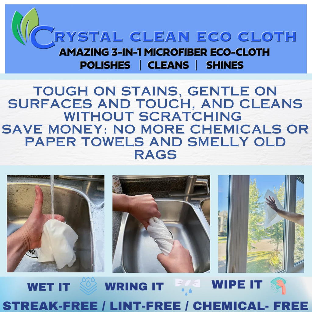 Crystal Clean Eco-Cloth Amazing Lint-Free/Streak-Free/Chemical-Free Microfiber Cloth for Windows & Glass/Mirrors Stainless Steel Appliances TV/Computer/Tablets...5 in a Pack, White, 16''x16''