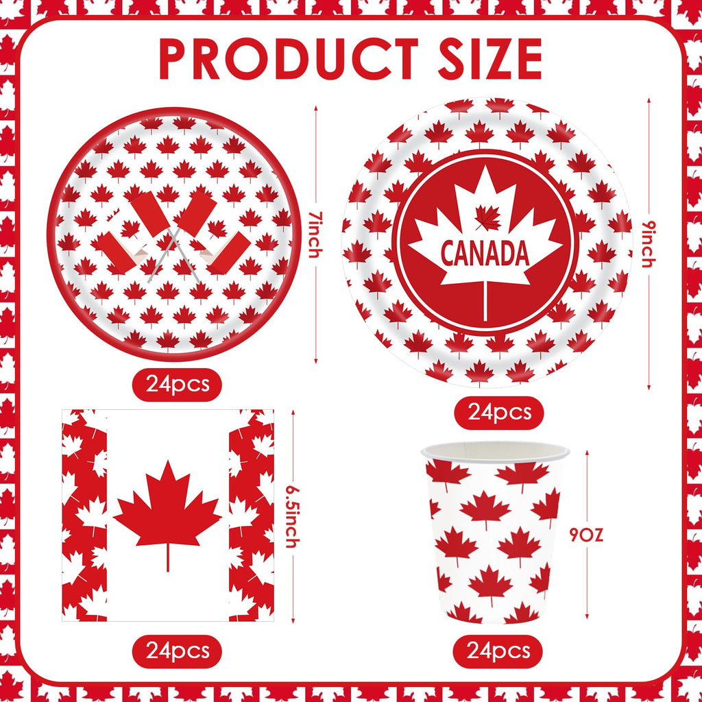 SINGOMON 96PCS Canadian Flag Plates and Cutlery Set Canada Day Dinnerware Set Dinner Plates Disposable Paper Plate Party Cups Paper Napkins for 1th of July Canadian National Day Canada Day Decorations