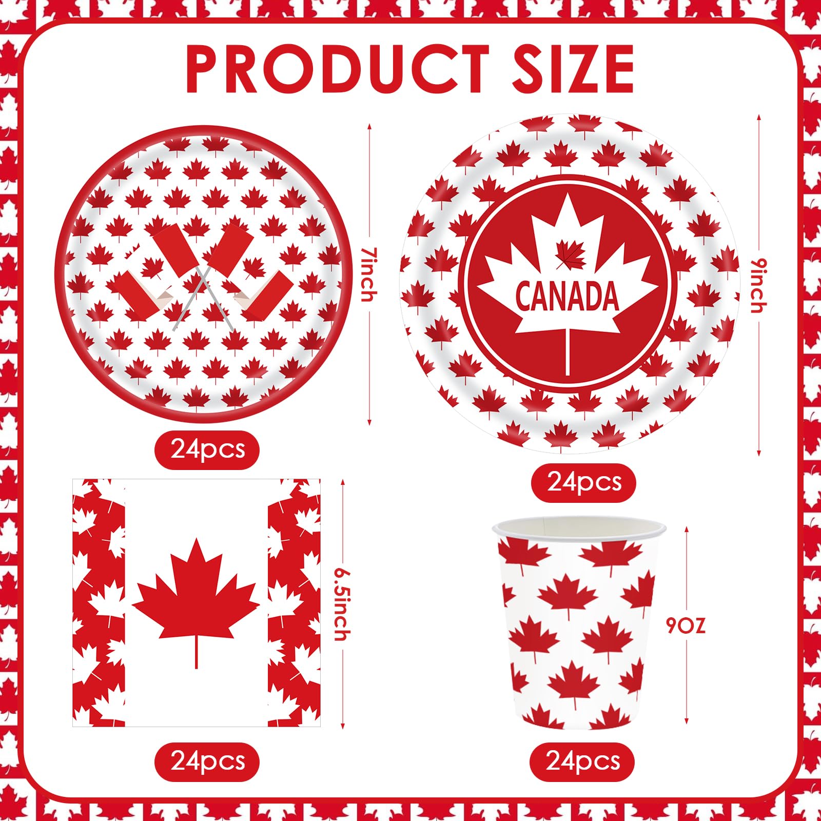 SINGOMON 96PCS Canadian Flag Plates and Cutlery Set Canada Day Dinnerware Set Dinner Plates Disposable Paper Plate Party Cups Paper Napkins for 1th of July Canadian National Day Canada Day Decorations