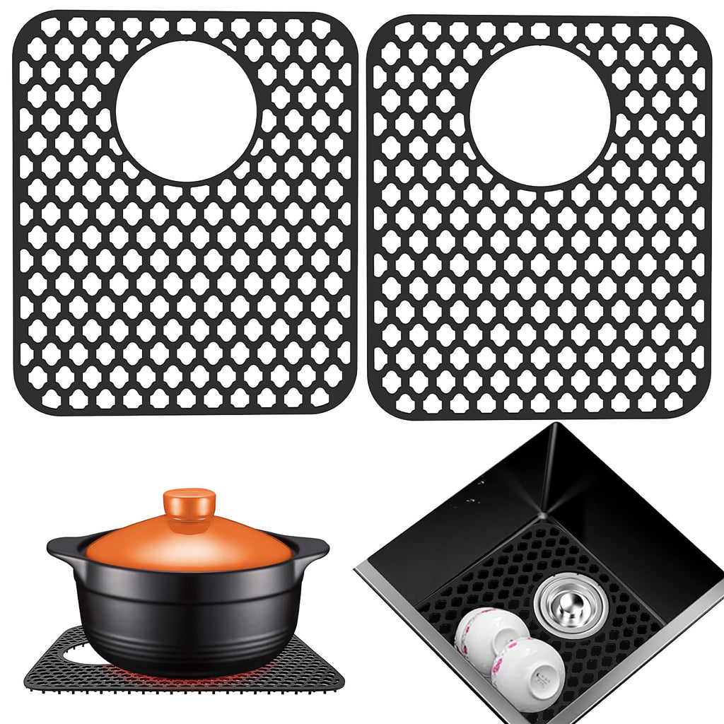 2 Pcs Kitchen Sink Mats, Silicone Grid Sink Protectors Draining Mat for Bottom of Kitchen Sink, Non-Slip Heat Resistant Kitchen Sink Accessories (Rear Drain, Black)