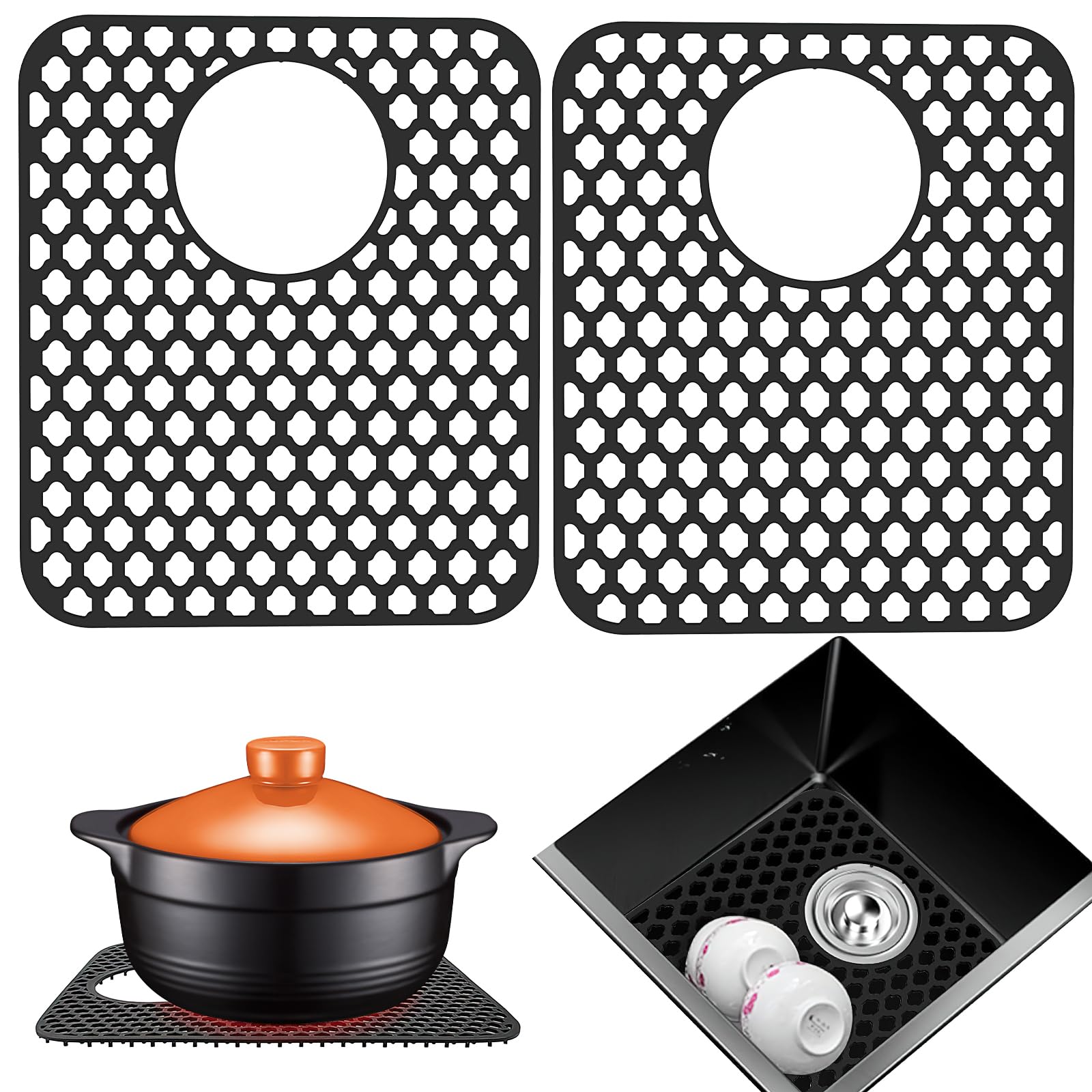 2 Pcs Kitchen Sink Mats, Silicone Grid Sink Protectors Draining Mat for Bottom of Kitchen Sink, Non-Slip Heat Resistant Kitchen Sink Accessories (Rear Drain, Black)