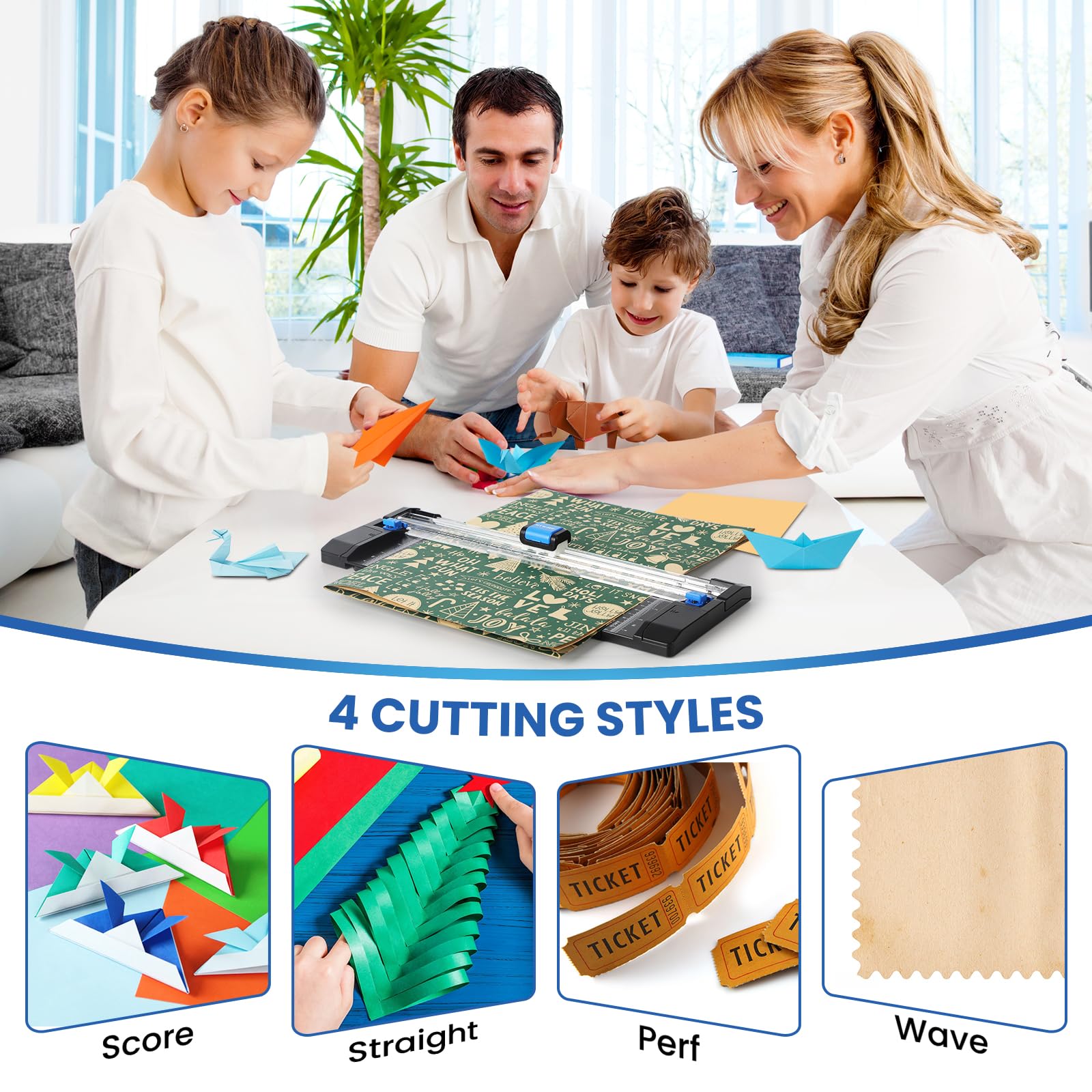 Paper Cutter, 12 Inch Rotary Trimmer, 5 Blades 4 Functions, Up to 6 Sheets Cut, with 2 Reversible Cutting Mats, Black Patent for Cardstock Scrapbooking