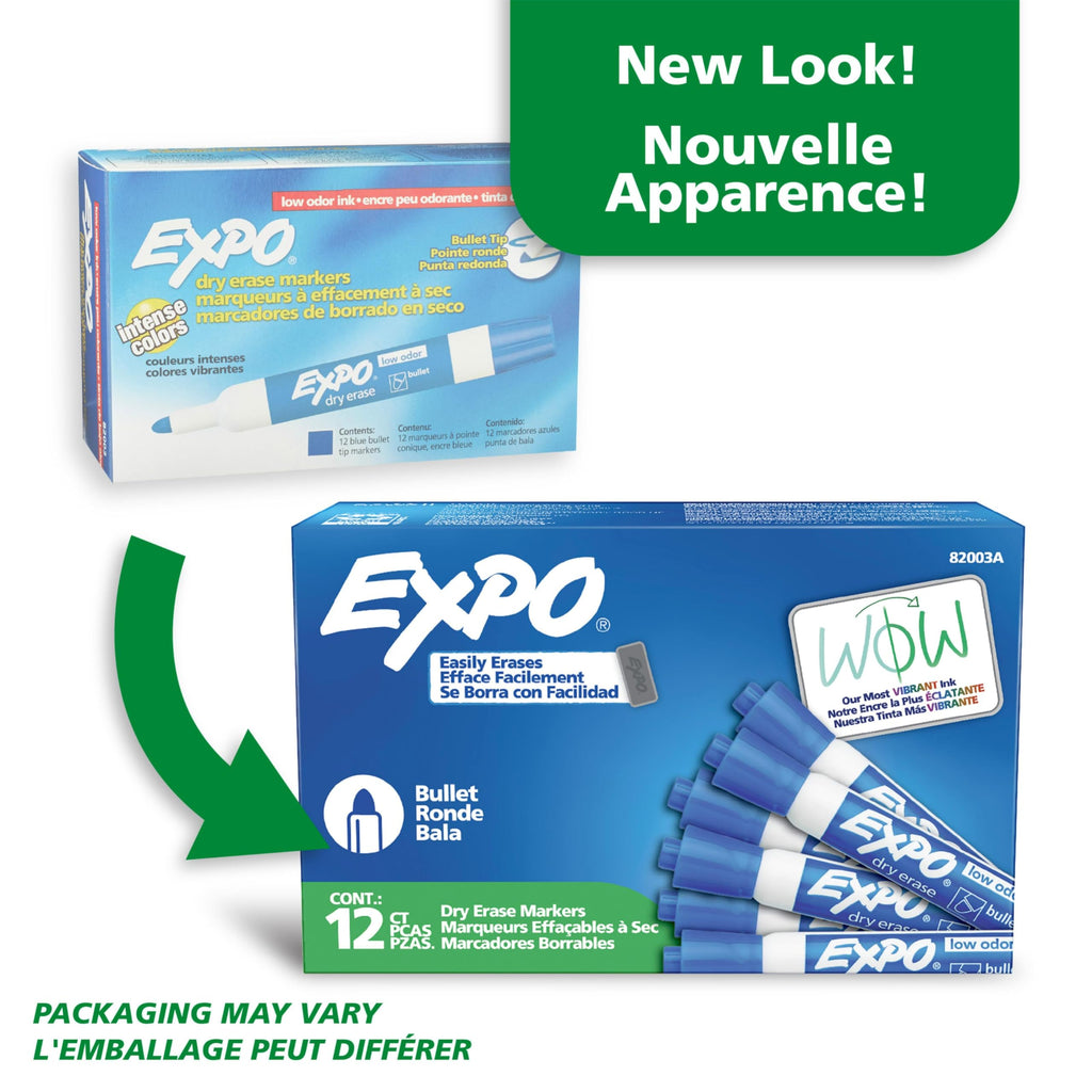EXPO Dry Erase Markers, Low Odour Ink, Blue, Bullet Tip, 12 Count