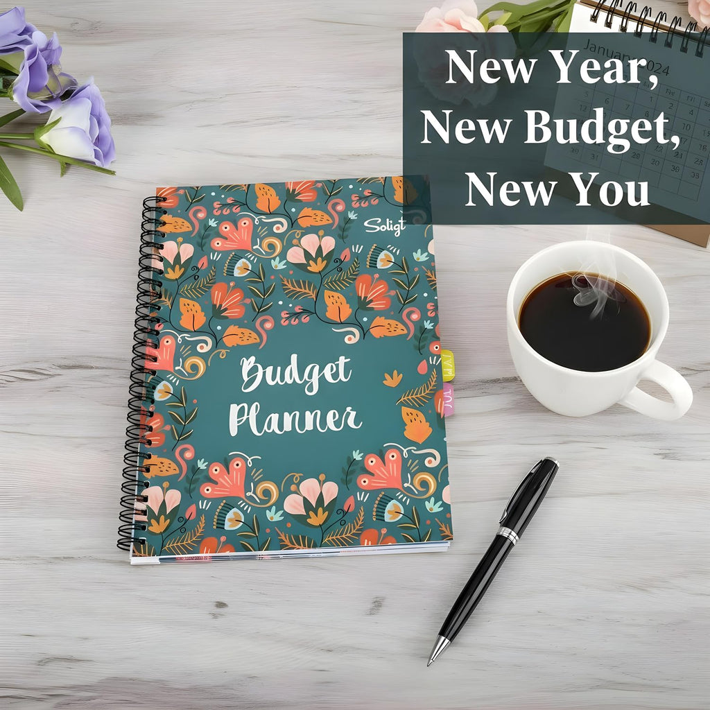Monthly Financial Budget Planner (Undated) with 12 Pockets for Income, Debt, Saving, Expense and Bill Tracker Organizer, Blue, Spiral Design