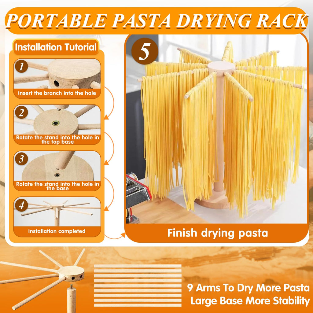 Pasta Making Tools, 9 PCS Wood Pasta Making Kit with 1 Pasta Drying Rack, 3 Rolling Pins, 1 Gnocchi Board, 1 Dough Cutter, 2 Ravioli Stamp Maker Cutter, 1 Ravioli Cutter, Ravioli Pasta Set for Kitchen