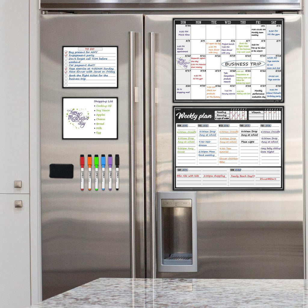 JJPRO Magnetic Dry Erase Monthly Calendar for Refrigerator-Dry Erase Weekly Planner Whiteboard for Fridge-Two Bonus Notepad Whiteboards-Month&Week Calendar Refrigerator Organizer