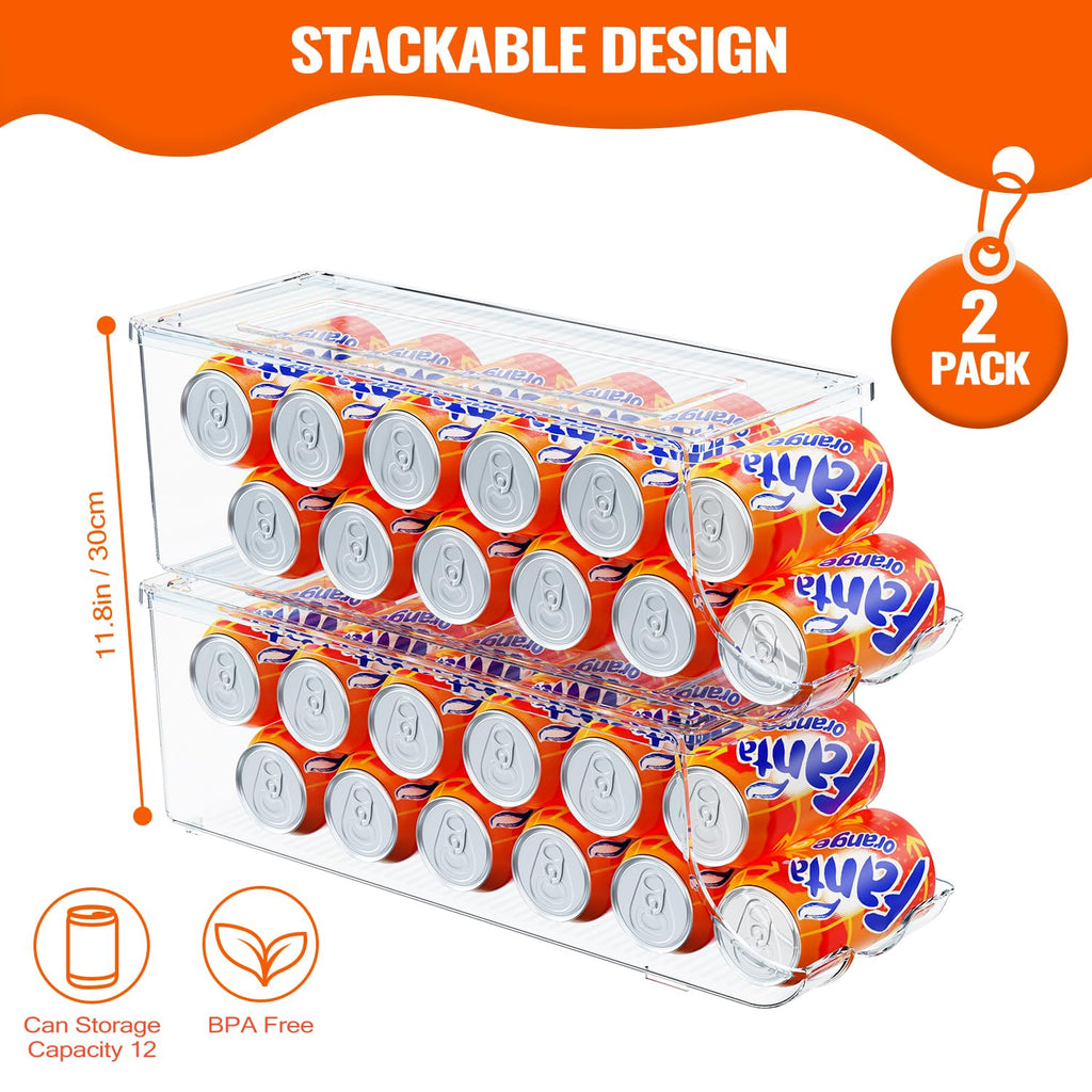 SCAVATA Soda Can Organizer for Refrigerator, Stackable Canned Food Pop Cans Container Can Holder Dispenser with Lid for Fridge Rack Freezer, Clear Storage Bins-Holds 12 Cans Each (2 Pack)