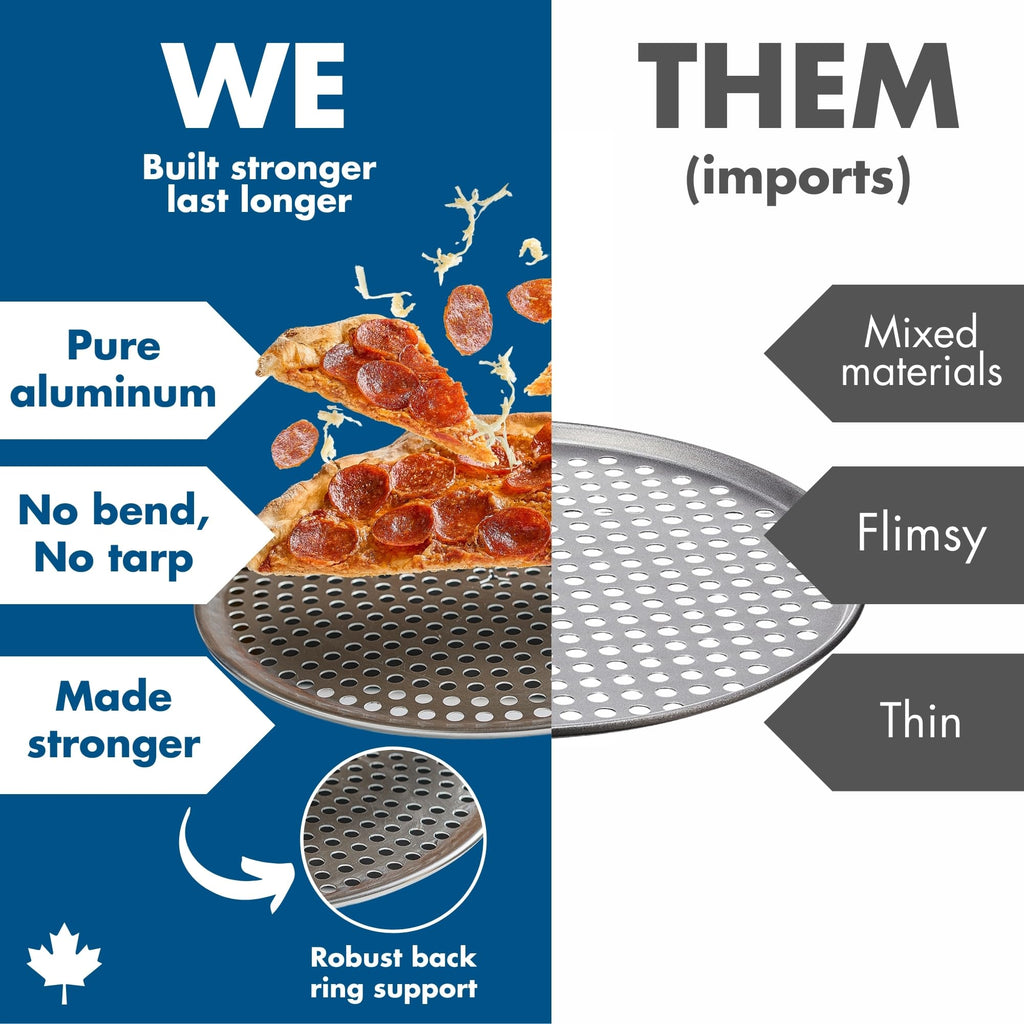 Norjac 12 Inch Pizza Pan with Holes, 2 Pack, Round Aluminum Pans for Oven, Rust-Free, Heavy-Duty, Perforated Baking Tray for Crispy Crust, Made in Canada