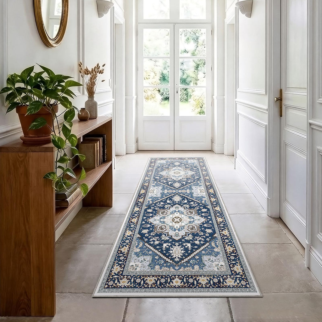 OPPODREAM Soft Entryway Rug 2x6, Rug Runner, Washable Hallways Carpet 2 x 6 with Non Slip Backing, Low-Pile Bedside Carpet 2 x 6, Long, Faux Cashmere, Navy Blue & Gold