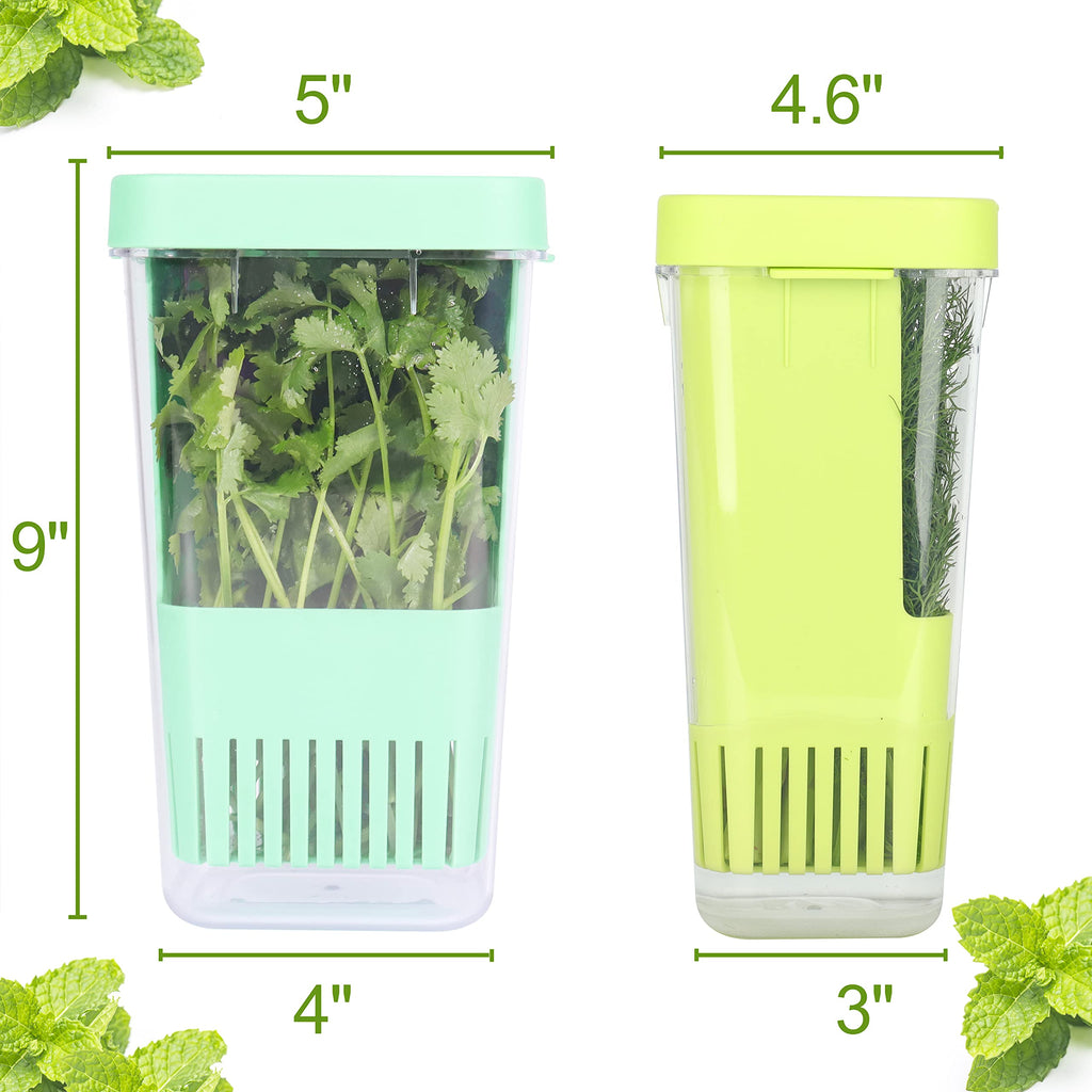 LAWNFUL 2 Pack Fresh Herb Keeper for Refrigerator, Clear Herb Saver, Storage Container for Cilantro, Parsley, Thyme, Mint & Asparagus, Preserver Keeps Fresh Herbs for 3 Times Longer, Green & Blue