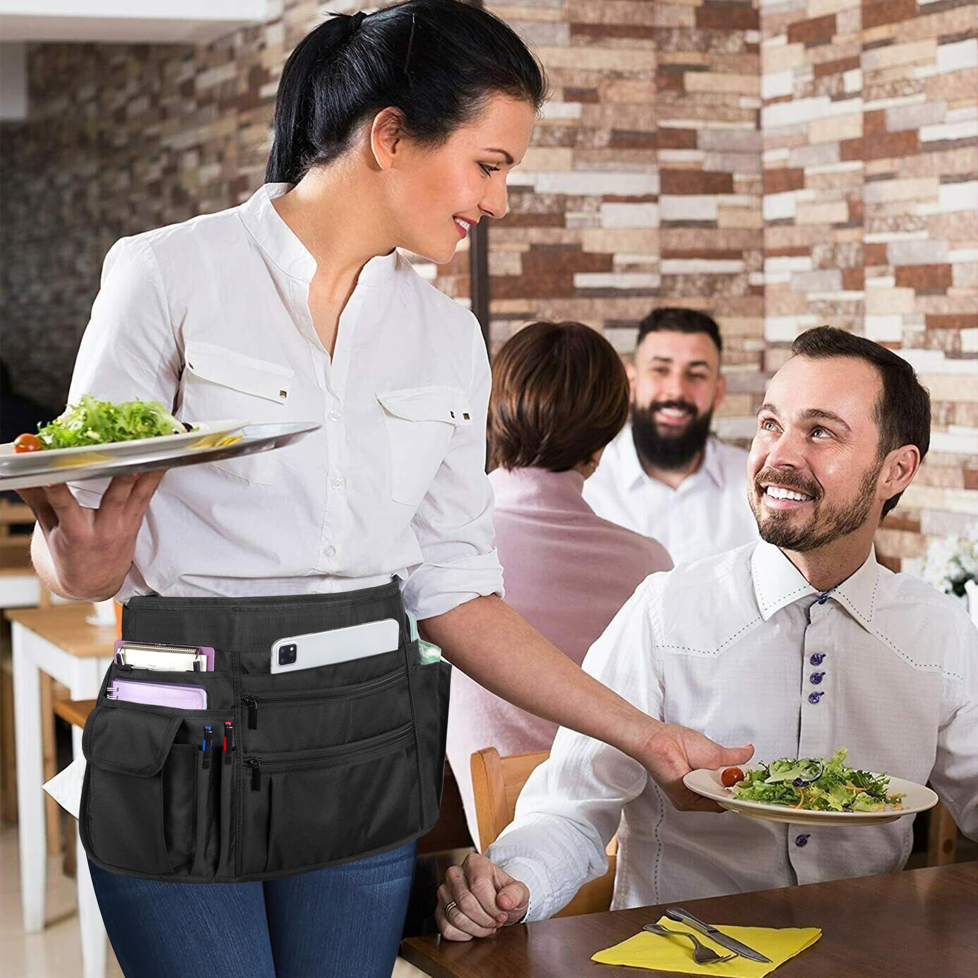 Rexmica Waitress Apron Server Apron with Multiple Pockets, Half Apron with Adjustable Belt for Waitress, Waiter, Women Men Server, Waist Apron for Restaurant, Bistro, Kitchen, Black