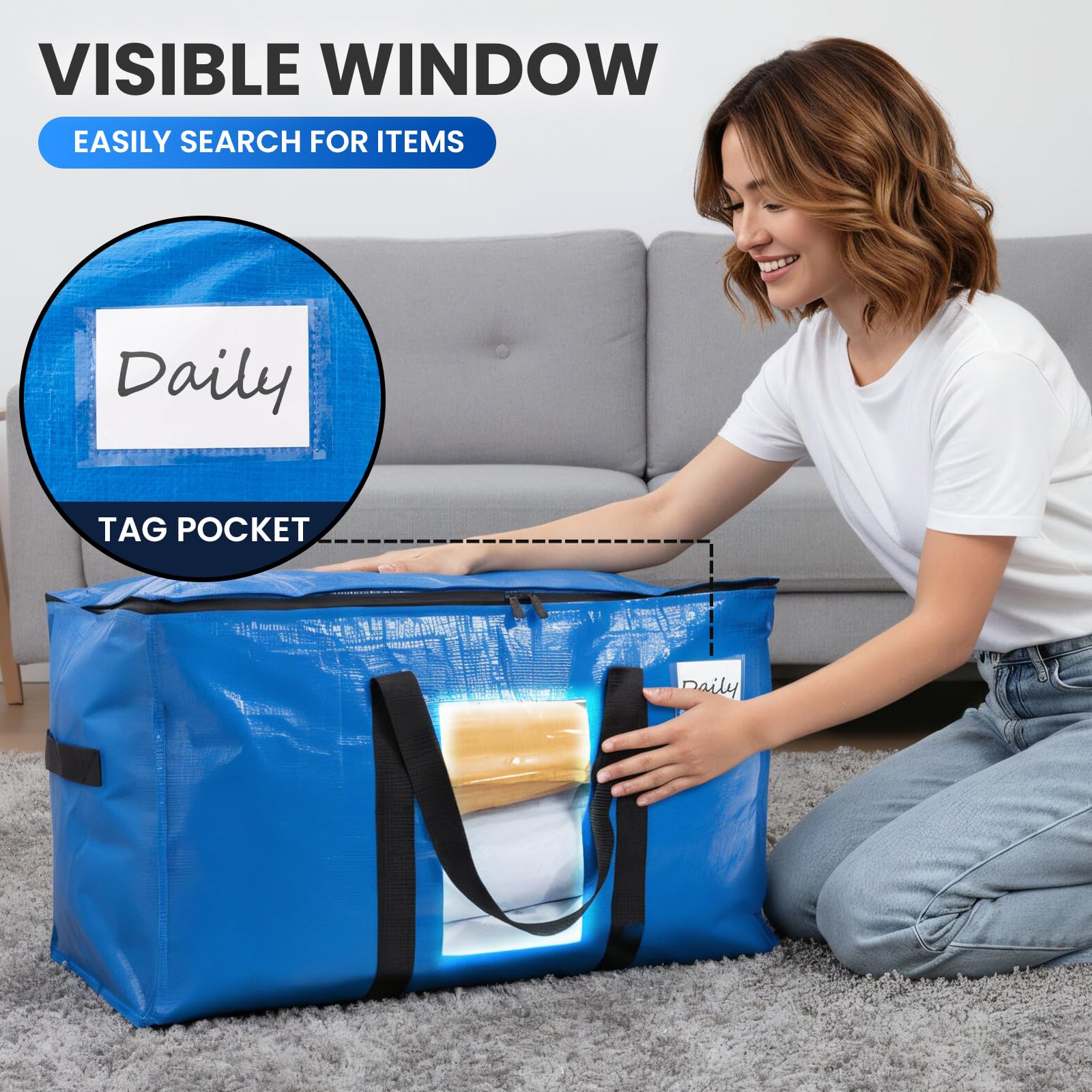 TAILI Extra Large Moving Bags, Heavy Duty Totes for Storage with Visible Window, U-Shaped Around Handles, Storage Contrainer Box for Space Saving, Blue, 4 Pack